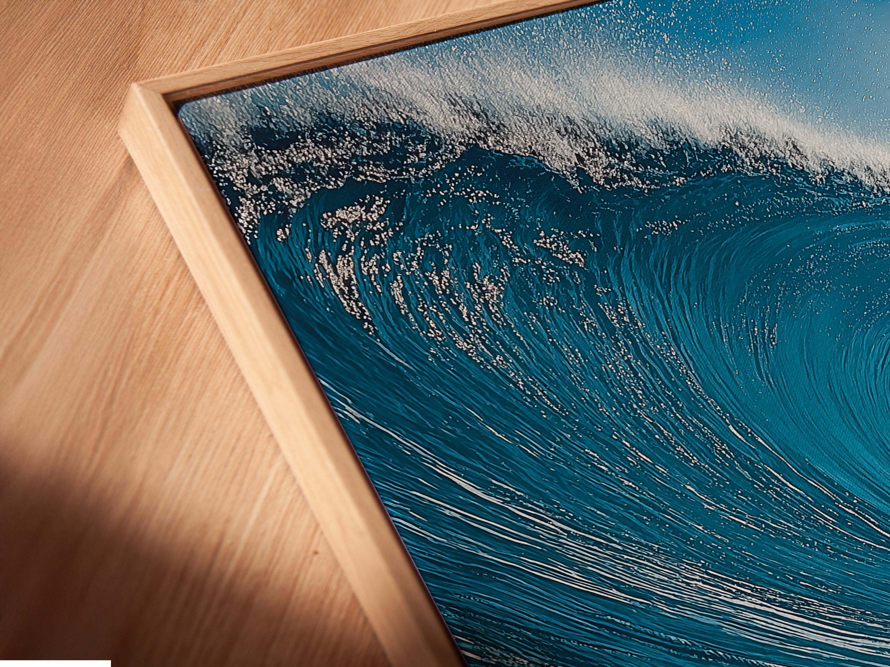 A blue ocean wave artwork shows a surfer riding through white foam, with bright sky-toned highlights and swirling water texture detail view