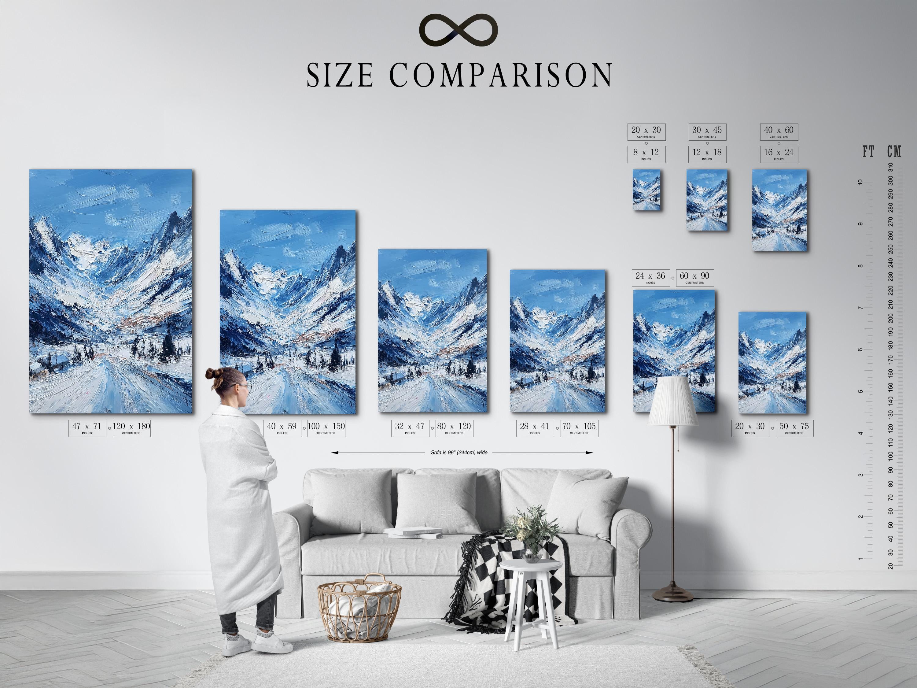 Mockup showing a framed snowy mountain artwork against a light background with rolled print pieces