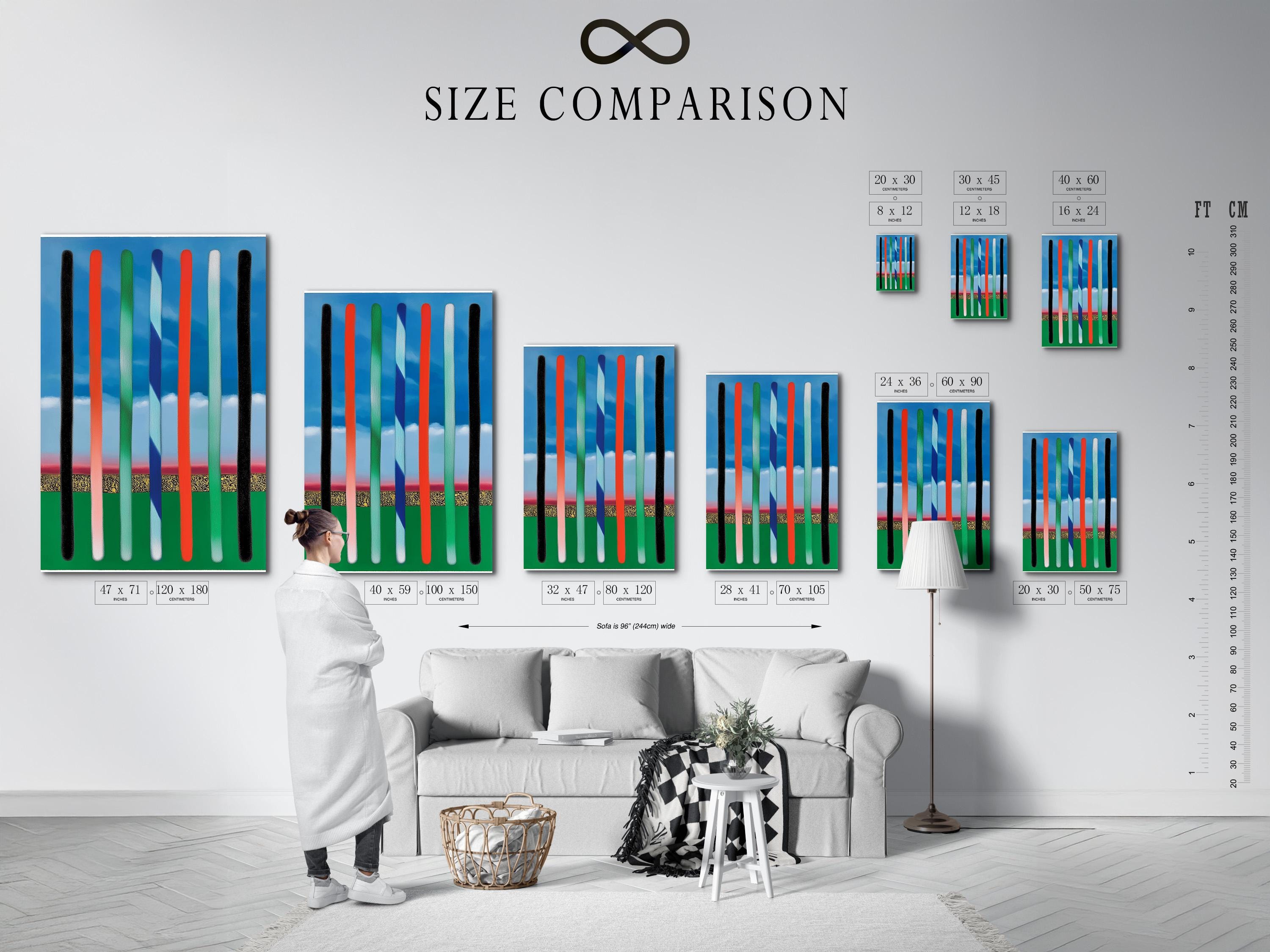 Abstract vertical stripes artwork with blue sky bands and black, red, green, and off-white bars detail view