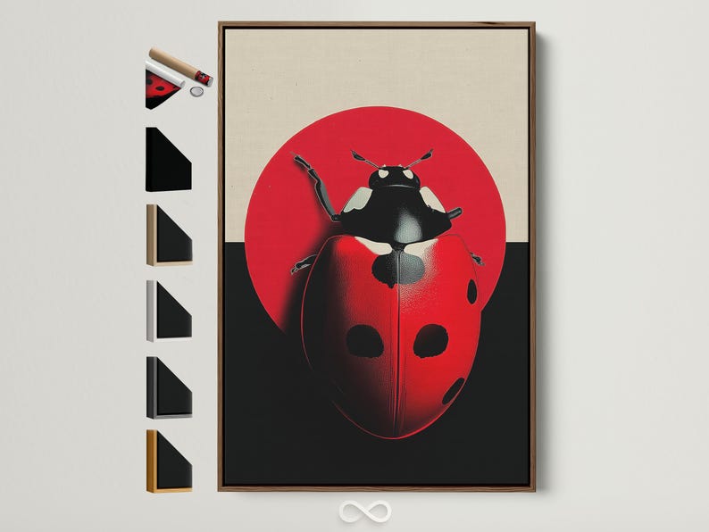 Red ladybug artwork with black spots and cream details inside a red circle