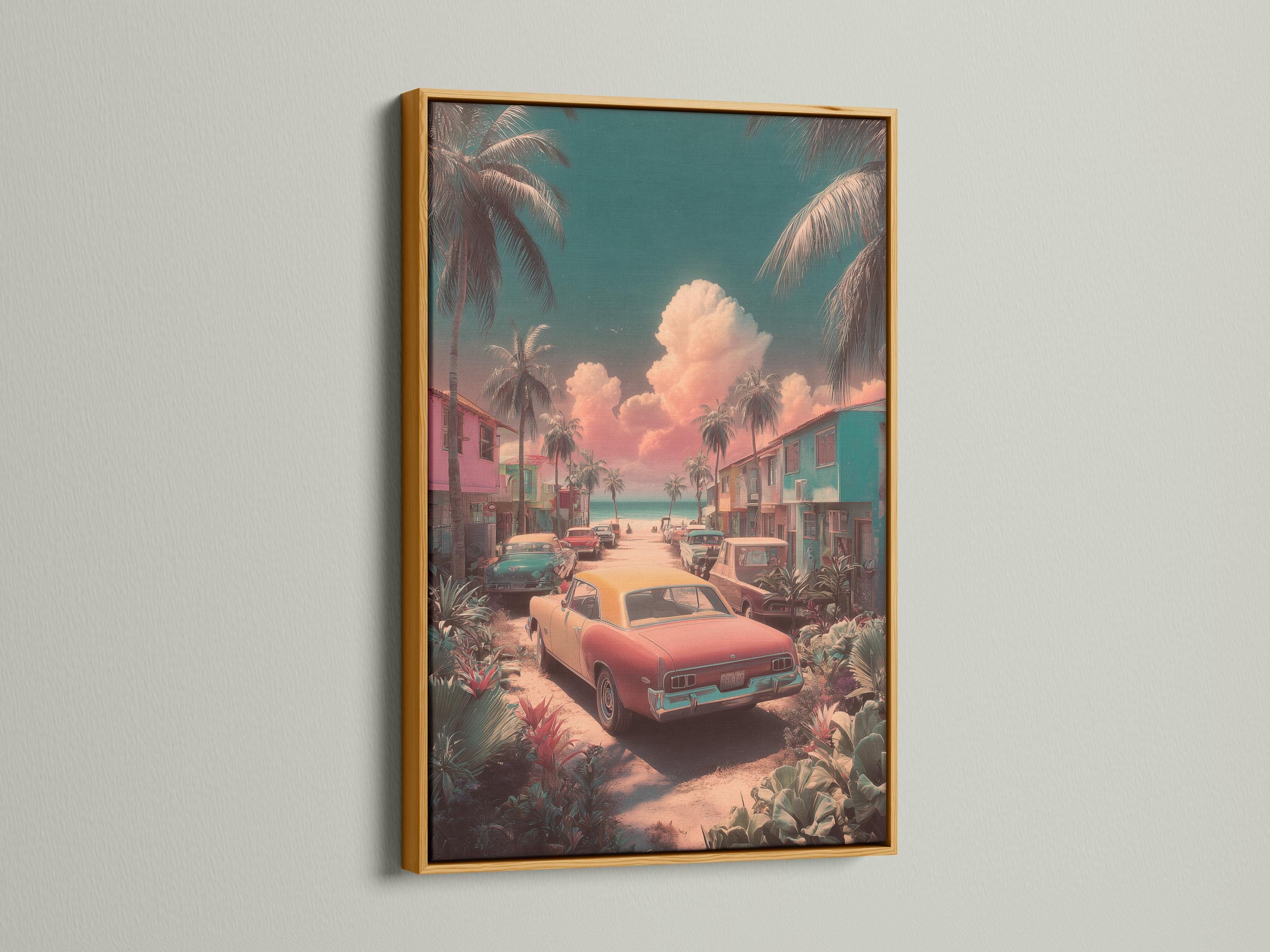Retro coastal street illustration with classic cars, palm trees, and a teal pink sunset sky detail view