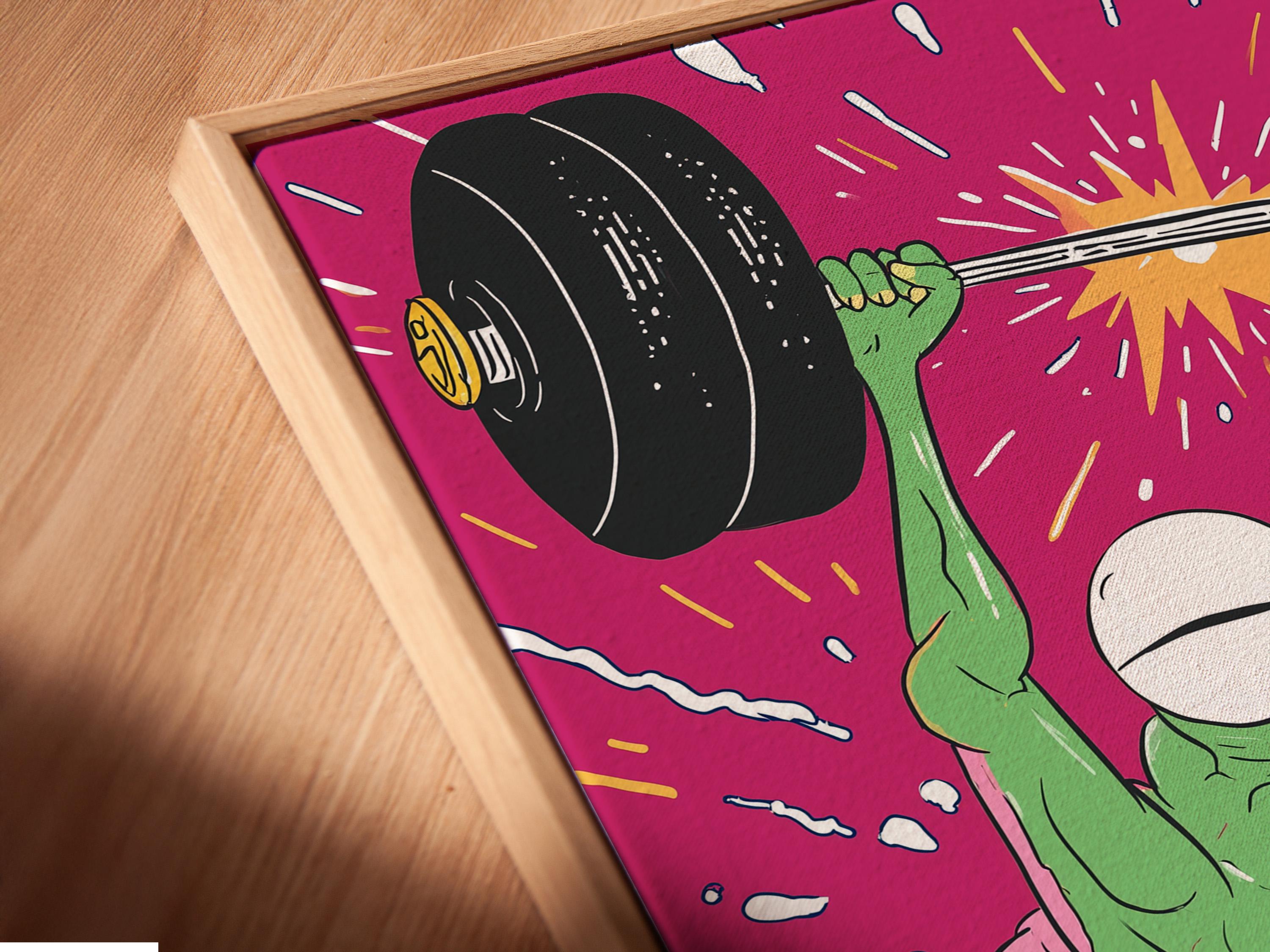 Cartoon frog weightlifter lifting dumbbells in a hot pink burst background detail view