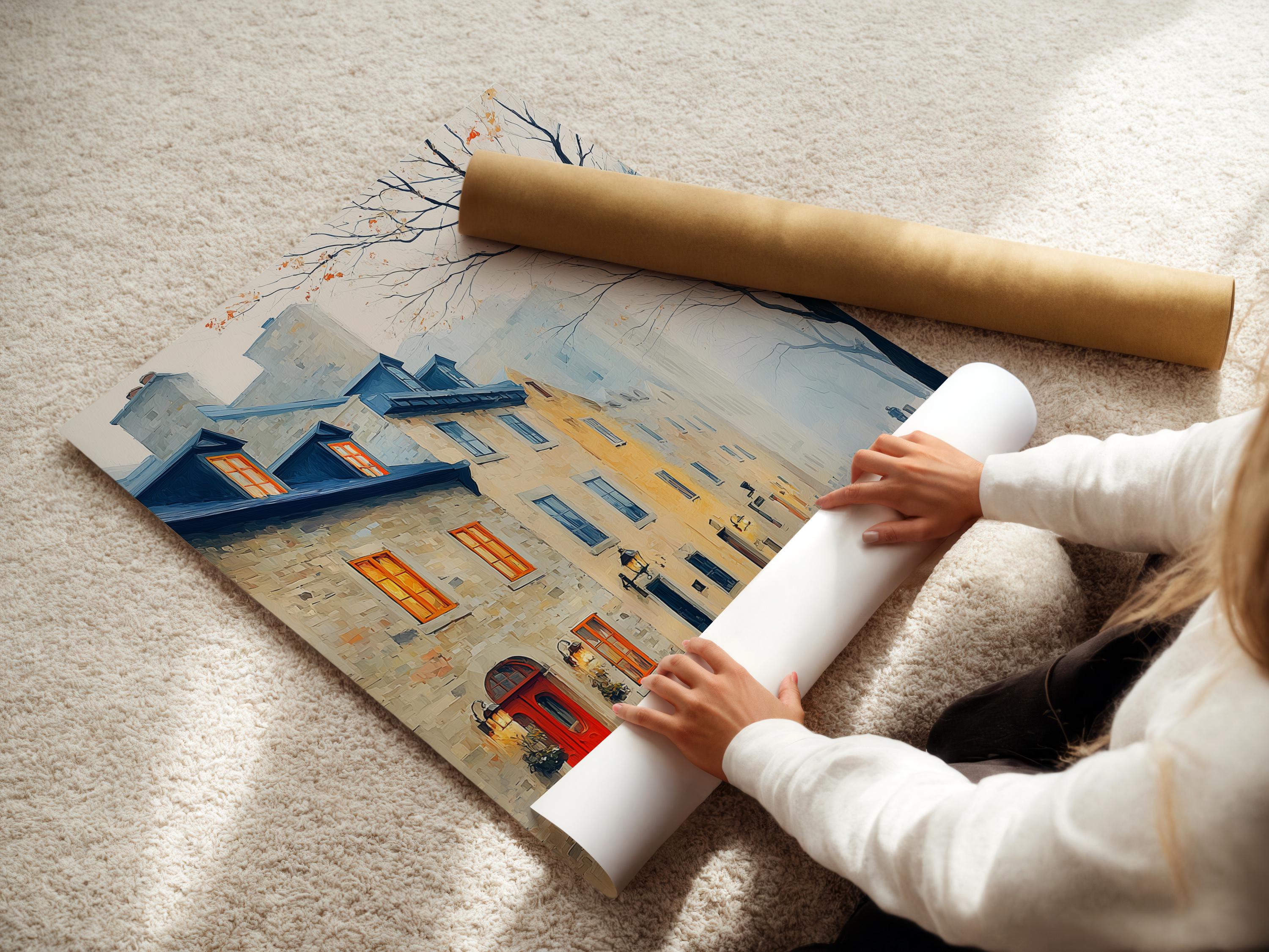 Portrait framed city street artwork mockup with foggy buildings and a red door