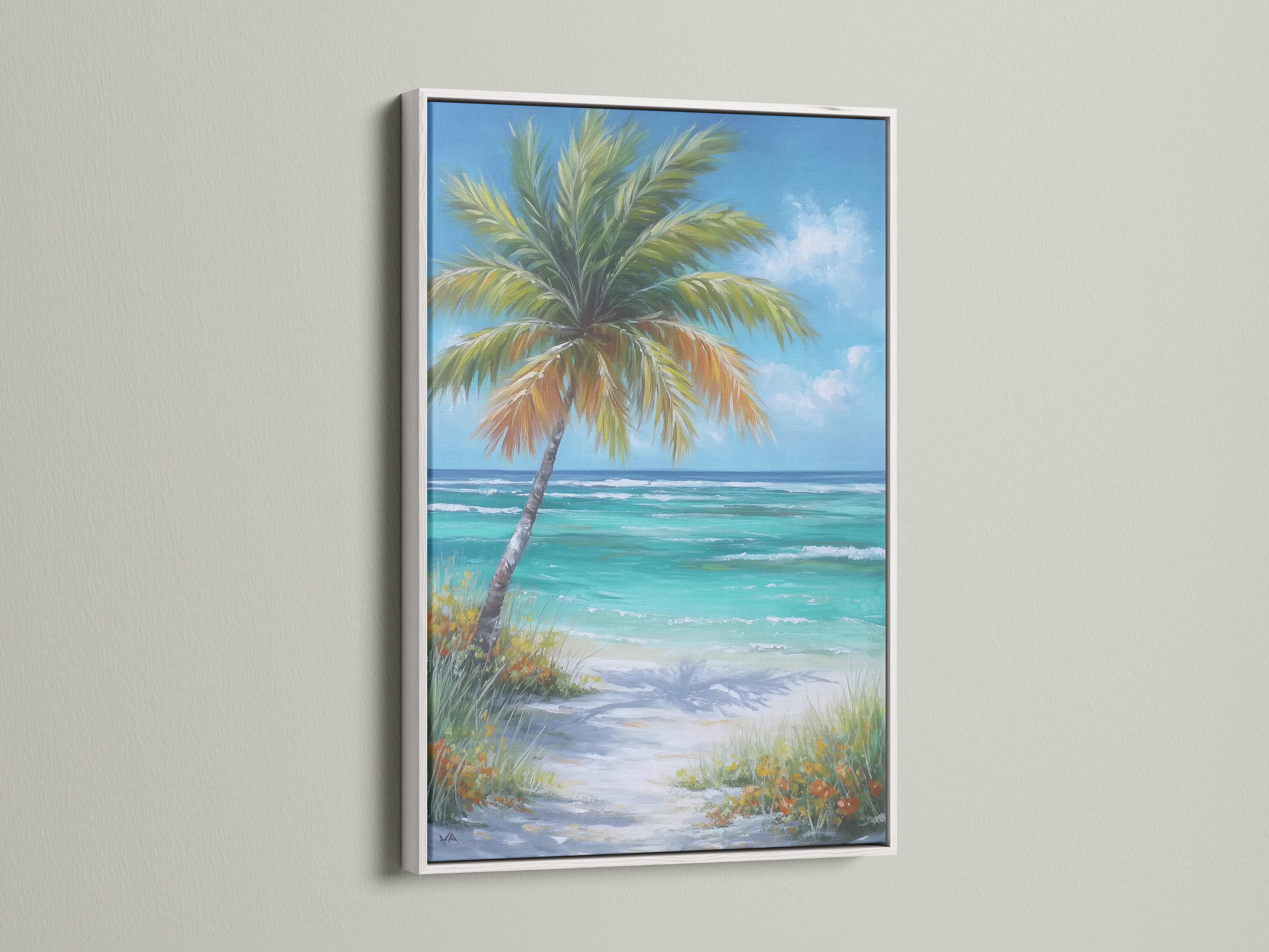 Leaning palm tree over turquoise ocean waves and sandy beach under a bright blue sky detail view