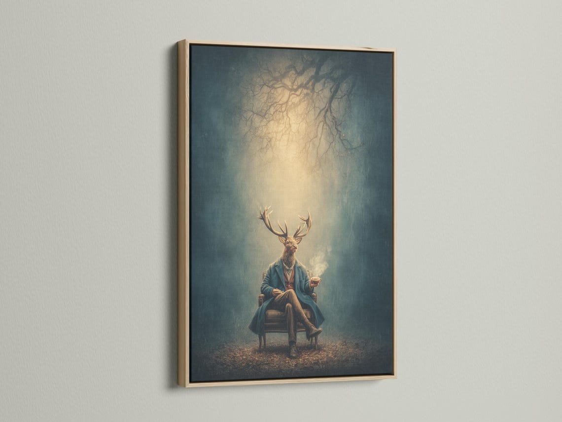 Deer-headed gentleman with antlers in a teal jacket holding a cup, painterly teal and beige portrait detail view