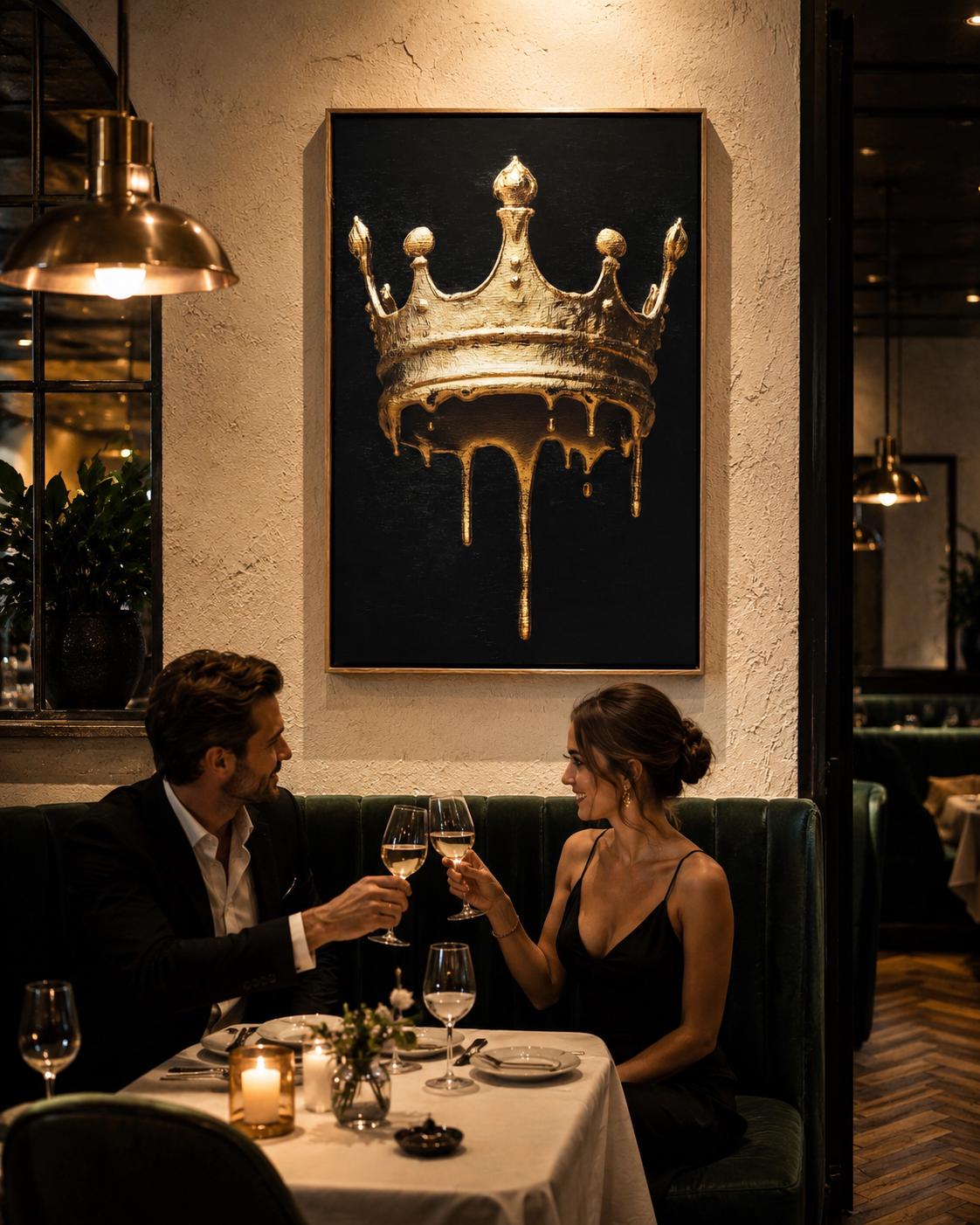 Person in a clothing store viewing a black-and-gold crown artwork on a gallery wall