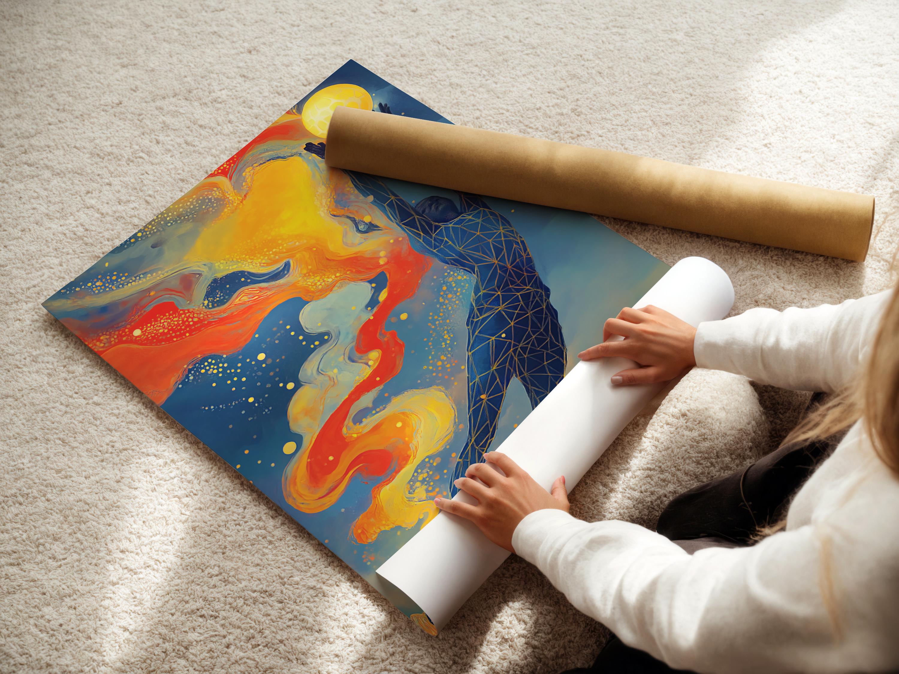 Abstract sports figure reaching upward beside a glowing yellow sun, in blue, orange and gold with speckled dots detail view