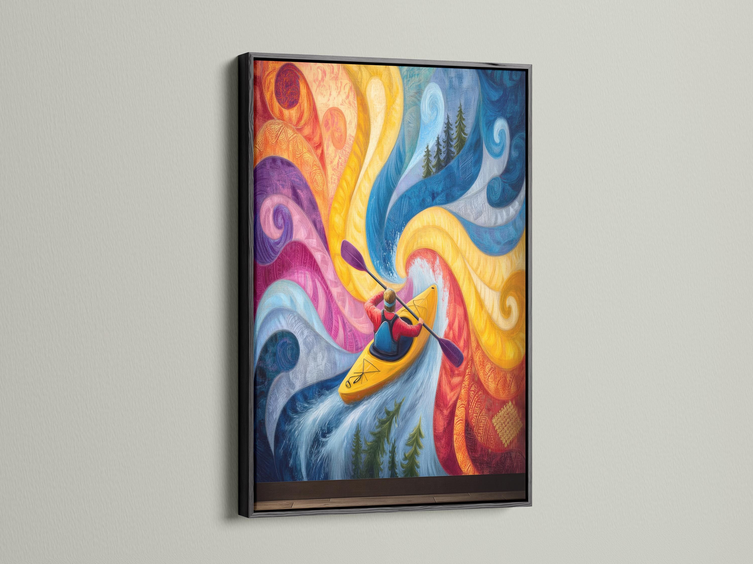 Room mockup showing a framed kayaker river artwork with swirling blue and yellow waves