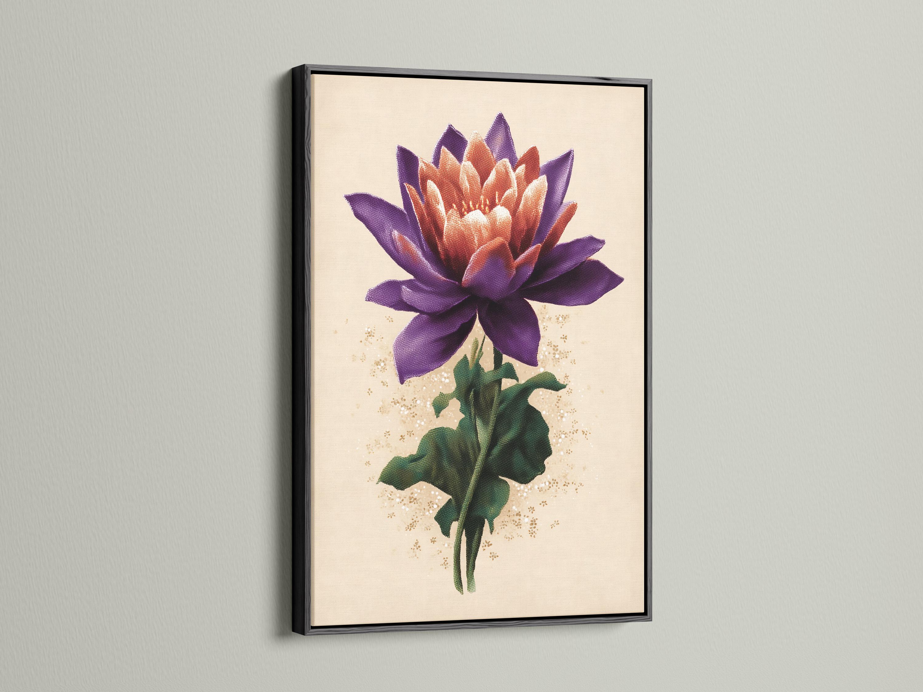 Lotus flower botanical artwork with purple petals, green leaves and gold speckles on a cream background detail view