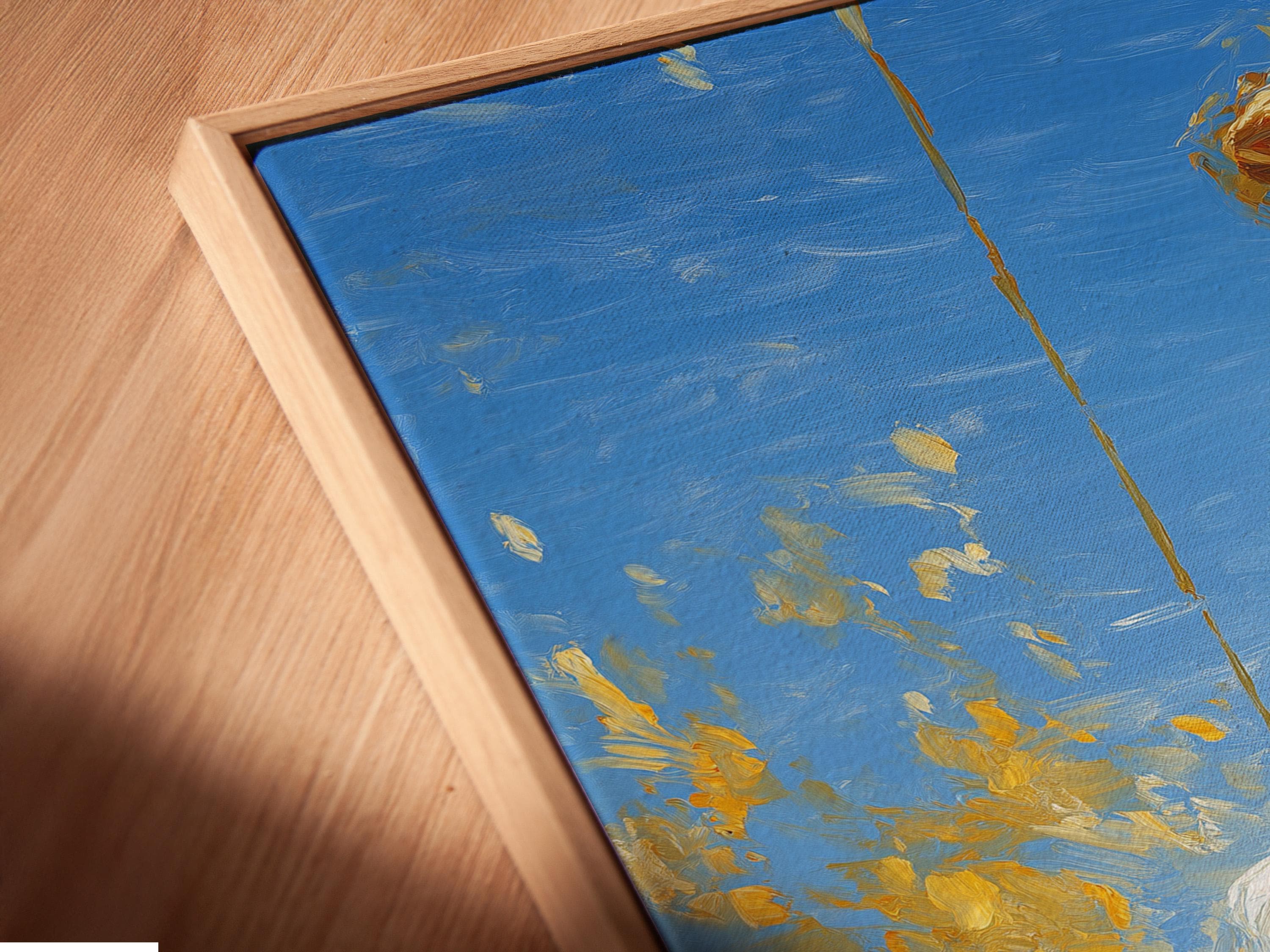 Painterly woman on a swing in blue and gold tones under a bright sky detail view