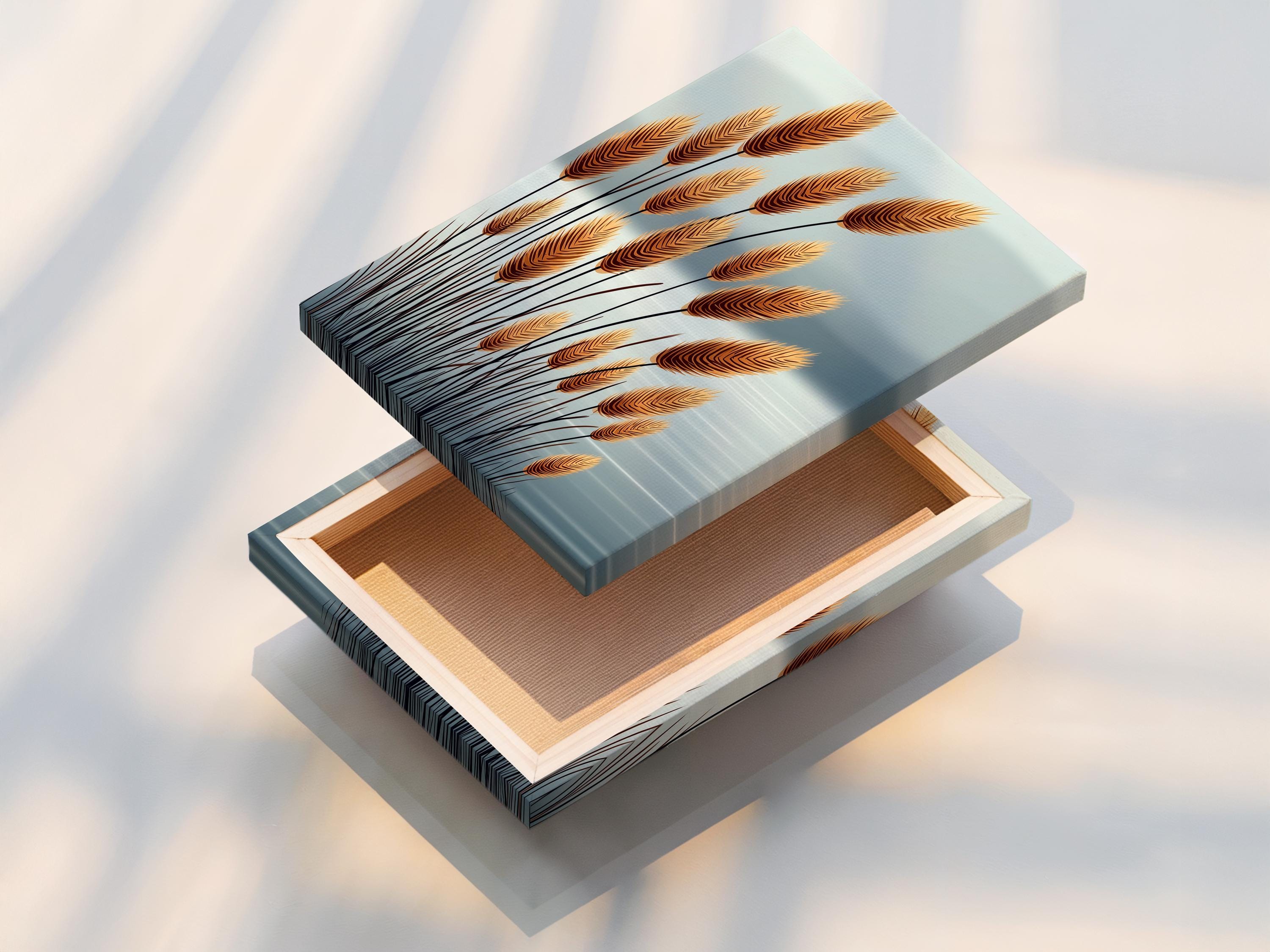 A decorative scene of tall golden wheat plumes with dark stems rises against a pale blue sky-like background with soft horizon shading detail view