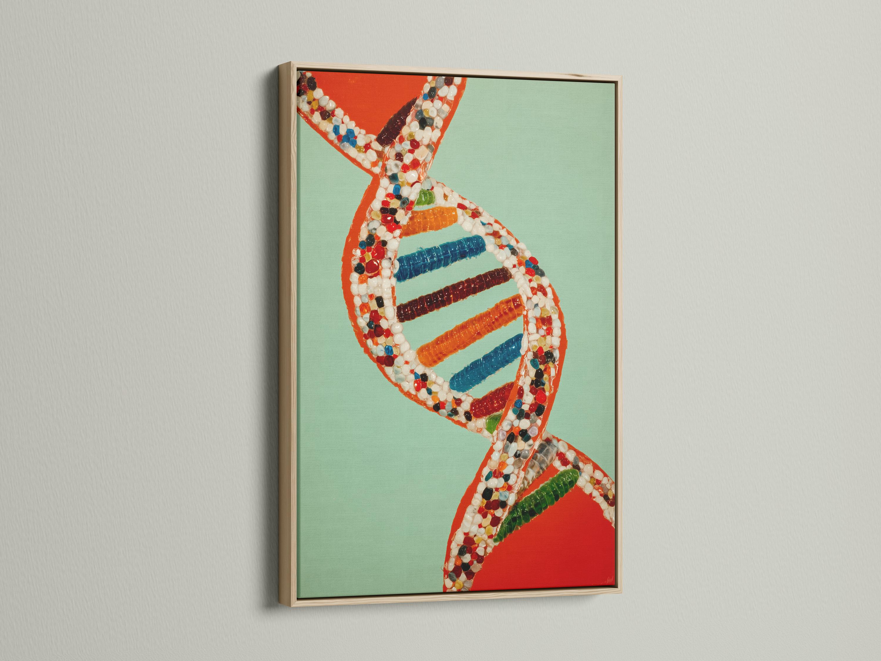 A researcher in a white lab coat stands next to a framed DNA double helix artwork