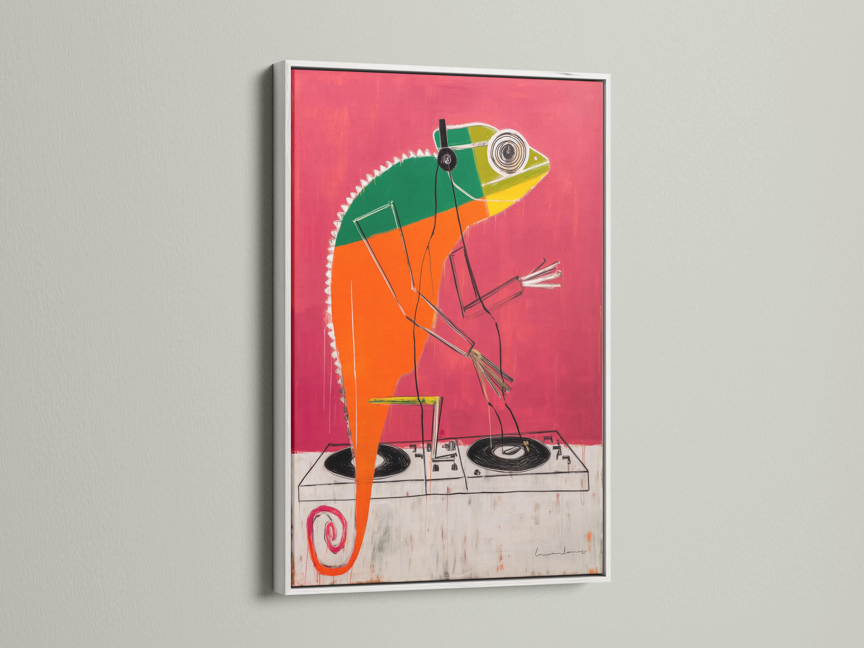 Coral pink pop-art animal wearing headphones over a DJ mixing deck with turntables detail view