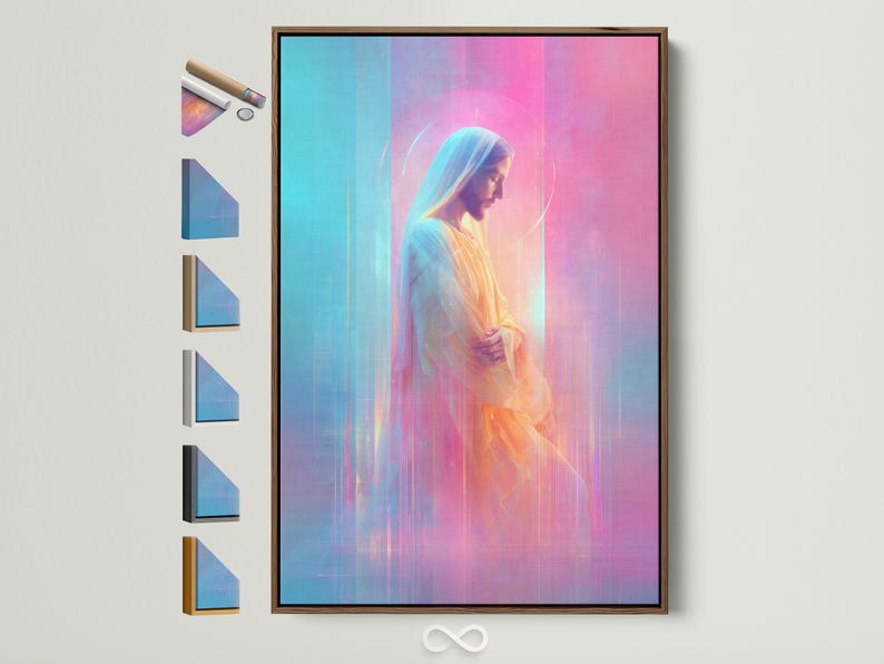 Stylised Jesus Christ portrait in profile with a glowing halo, pink and aqua background