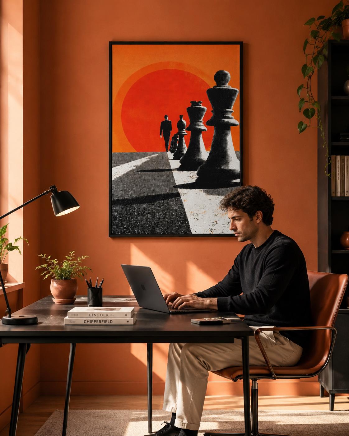 Chess wall art in an office or lounge setting with warm lighting