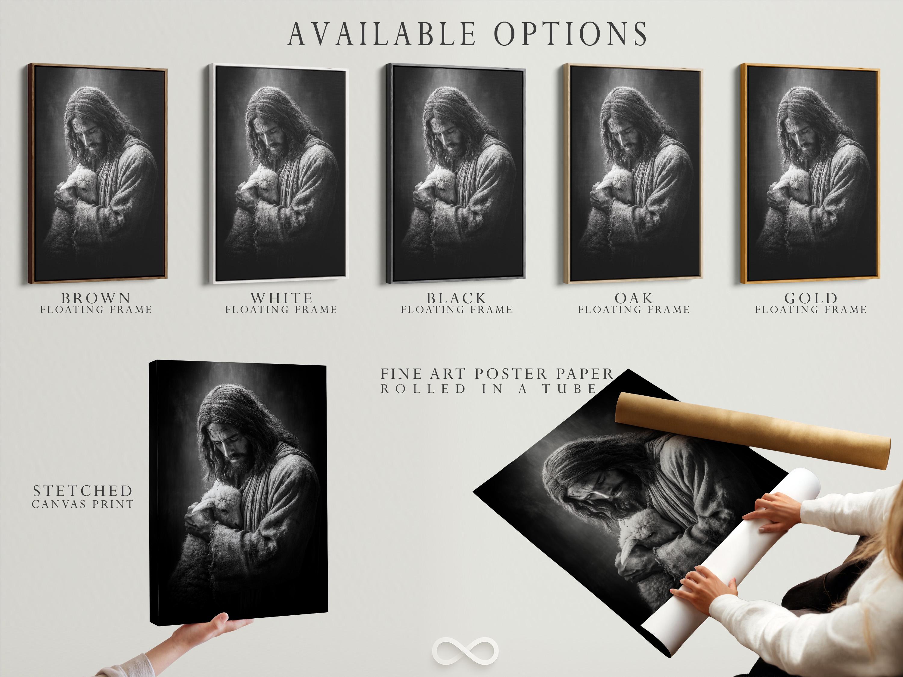 Framed black and white artwork of a shepherd holding a lamb shown on a wall mockup