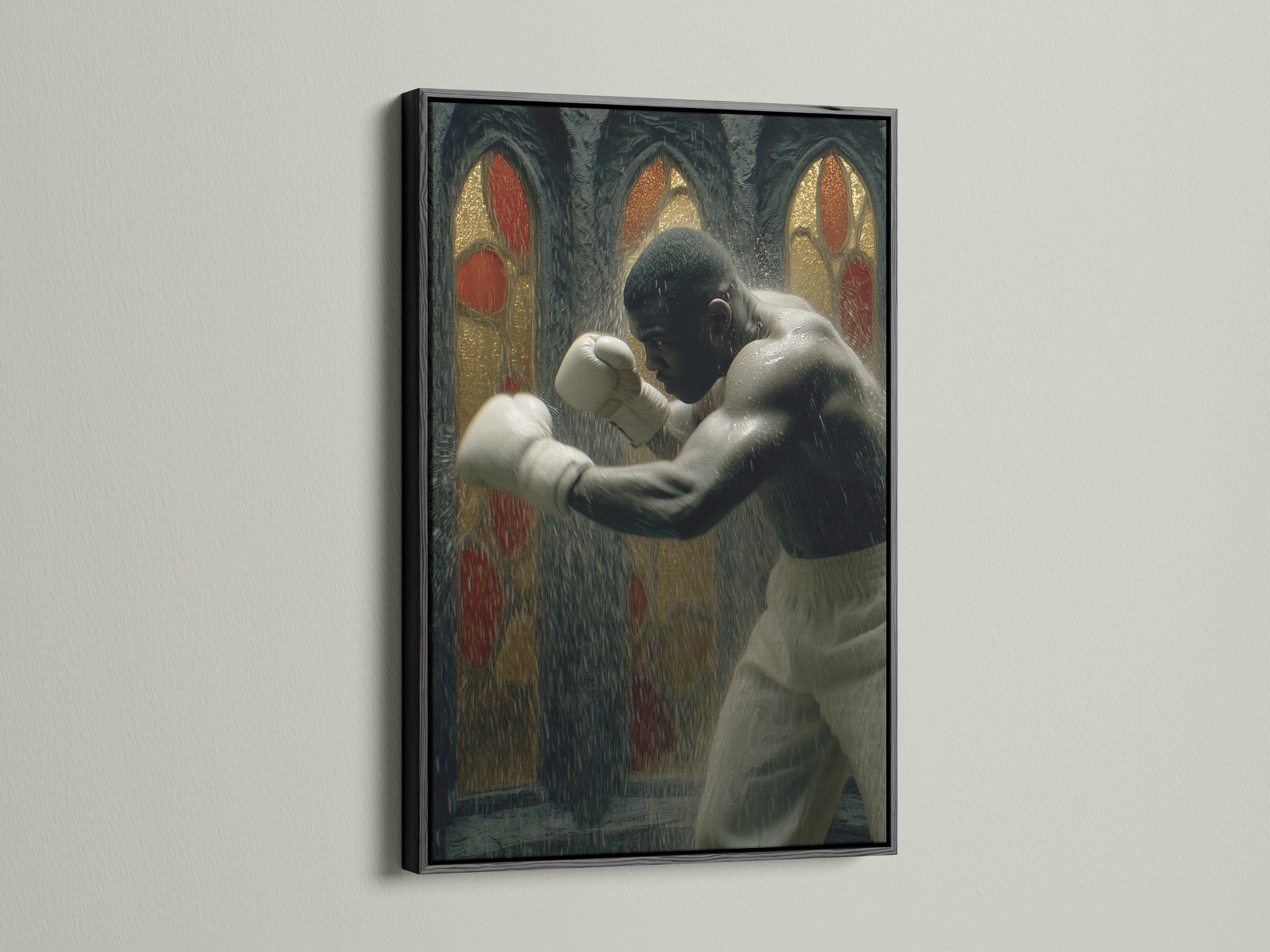 Boxer throwing a punch in a dark gothic scene with white gloves, gold highlights and red oval halos detail view