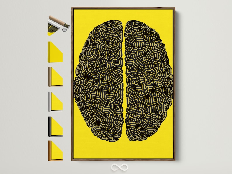 Two black brain silhouettes filled with maze-like lines on a yellow background