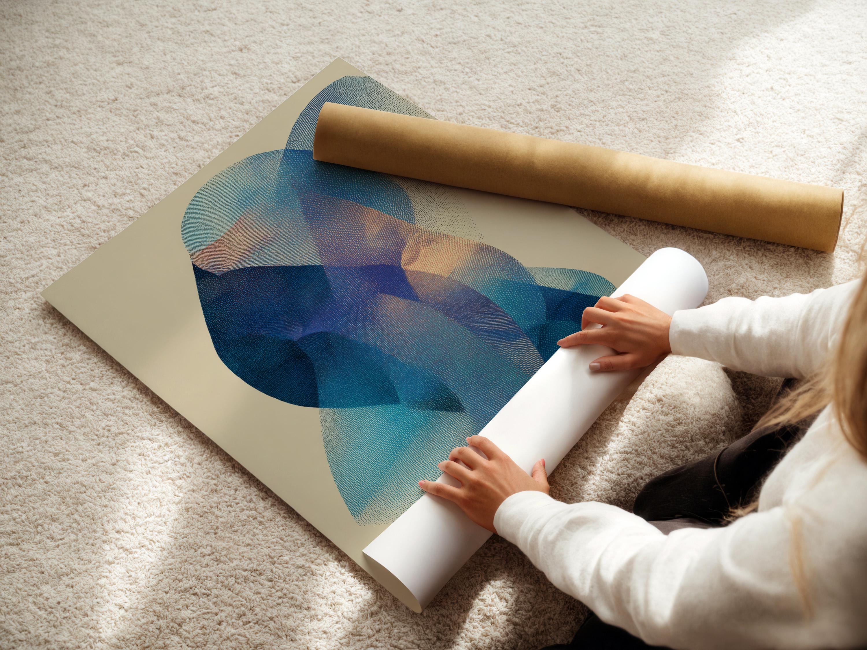Abstract beige artwork with layered blue and teal circular shapes and a stippled texture detail view