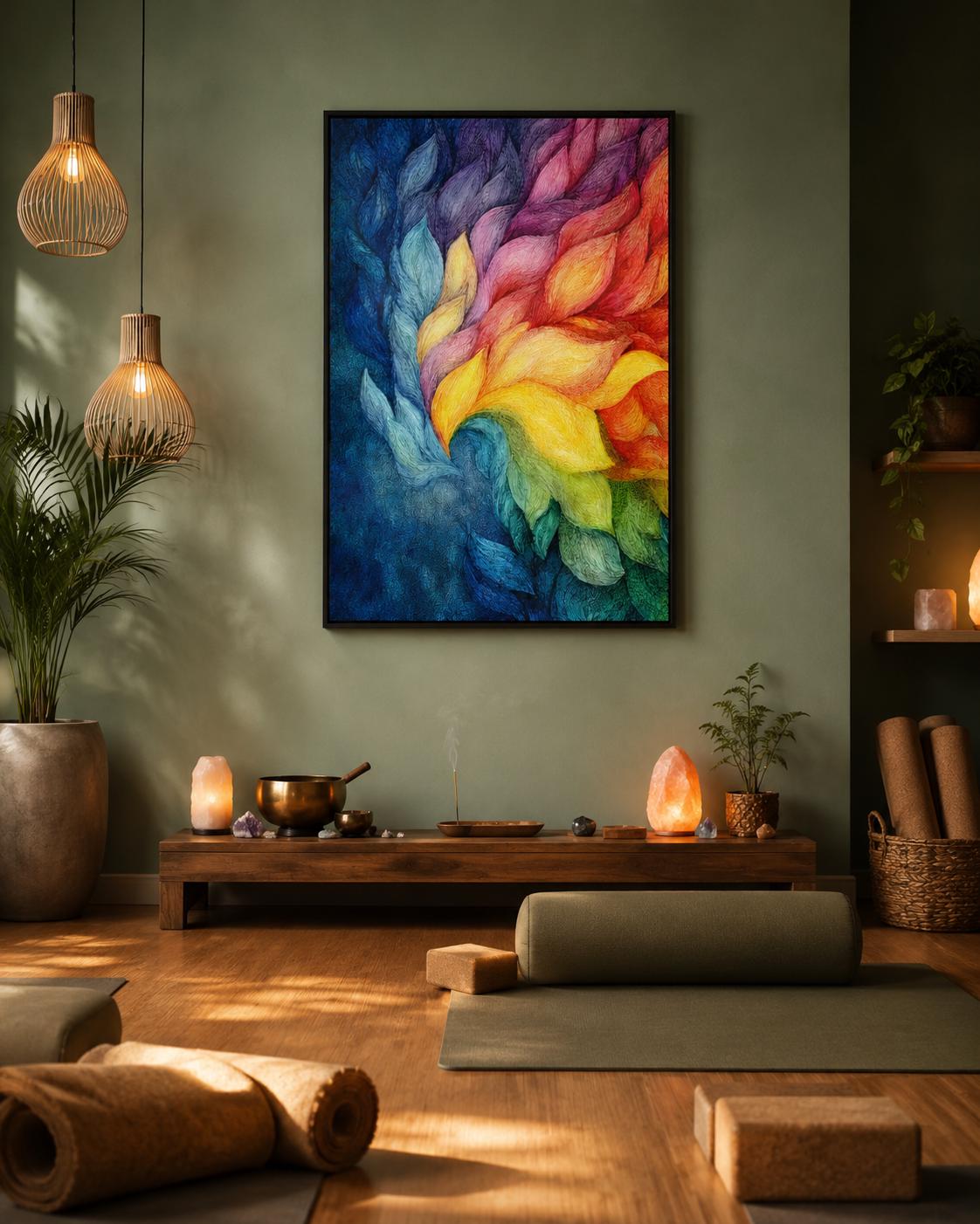 Person standing beside a framed rainbow abstract artwork in a bright room
