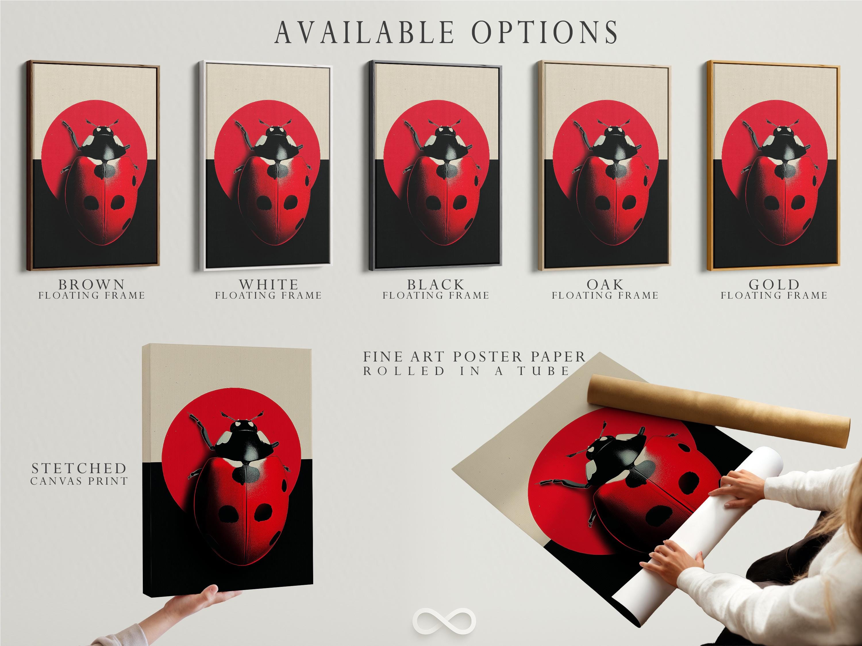 Room mockup showing a framed ladybug artwork on a light wall