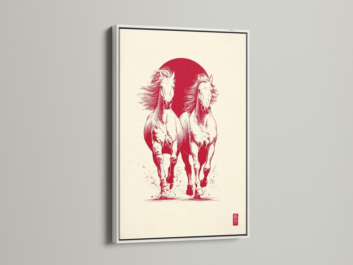 Wall mockup showing a framed artwork with two rearing horses in white against a red circle