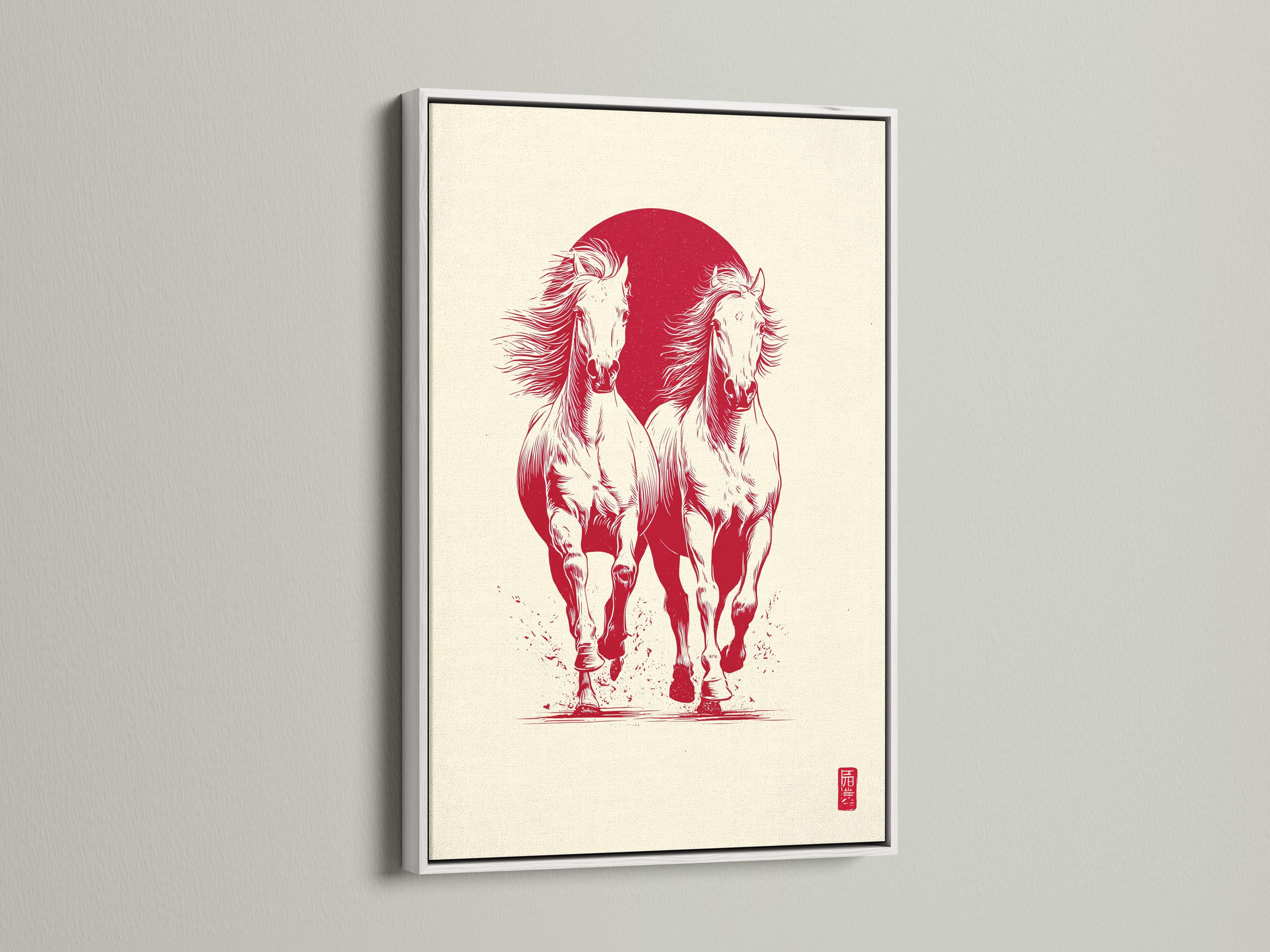 Wall mockup showing a framed artwork with two rearing horses in white against a red circle