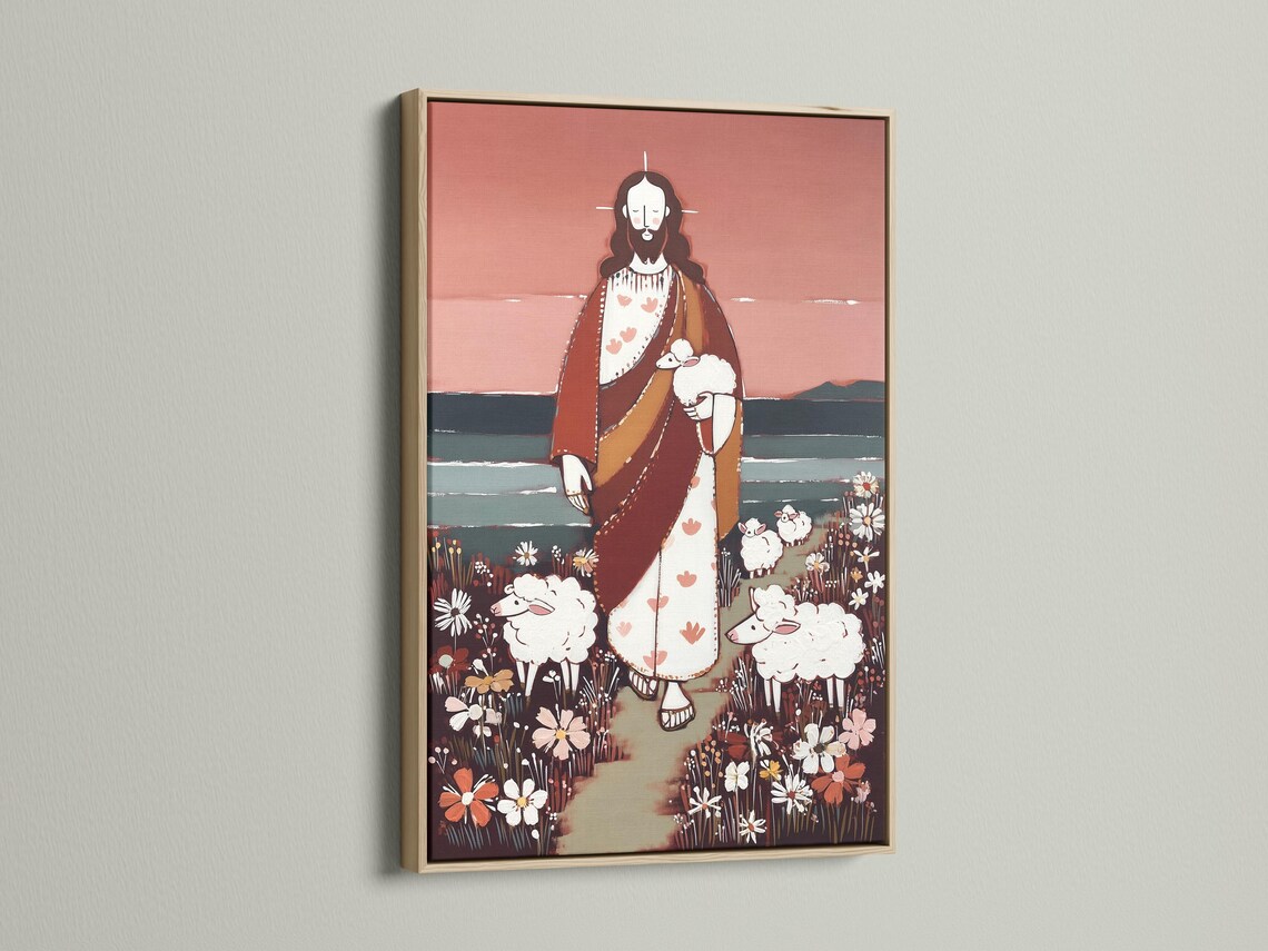 Stylised Jesus holding a white sheep, surrounded by sheep and wildflowers in a flower field detail view