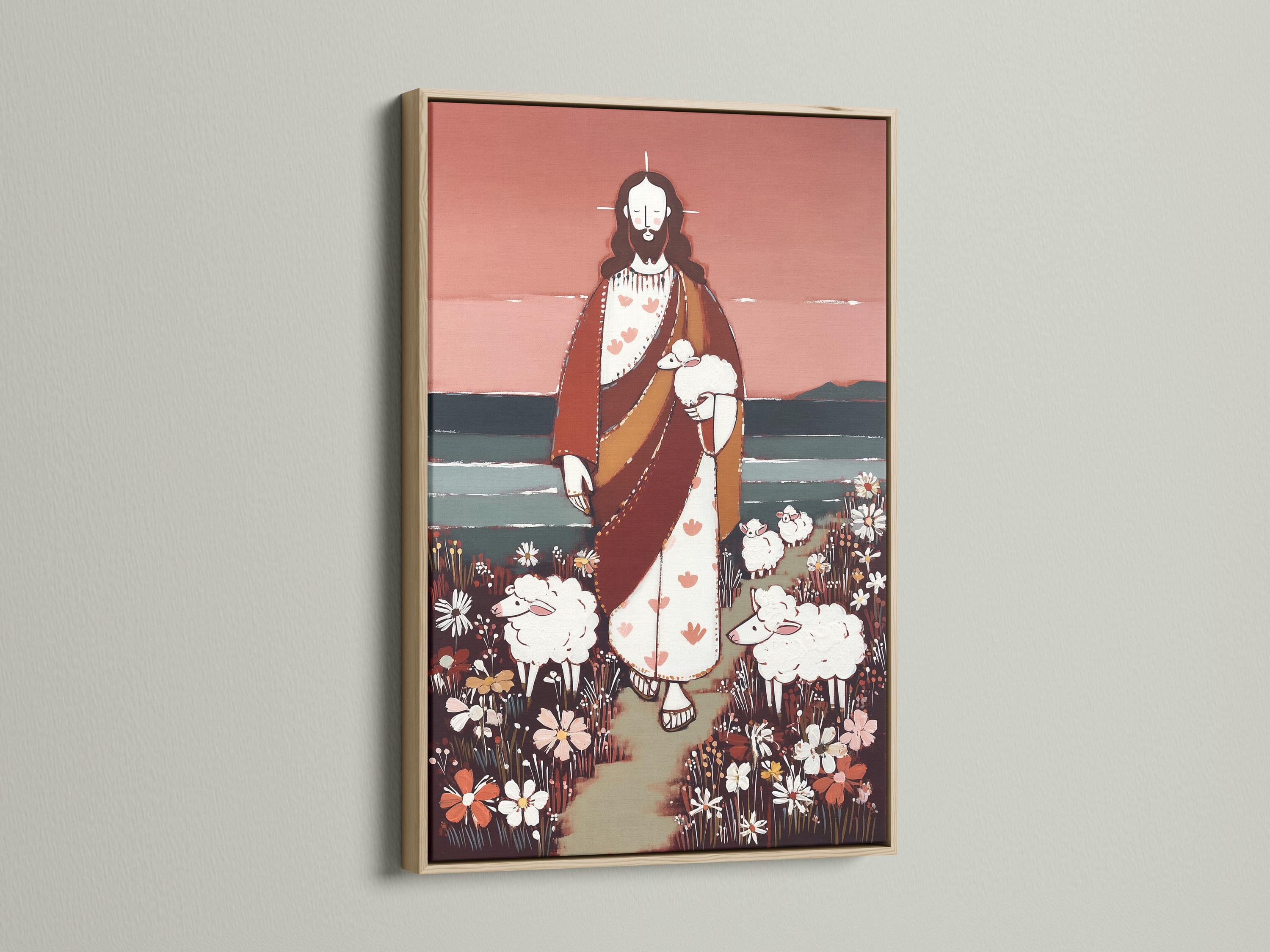 Stylised Jesus holding a white sheep, surrounded by sheep and wildflowers in a flower field detail view