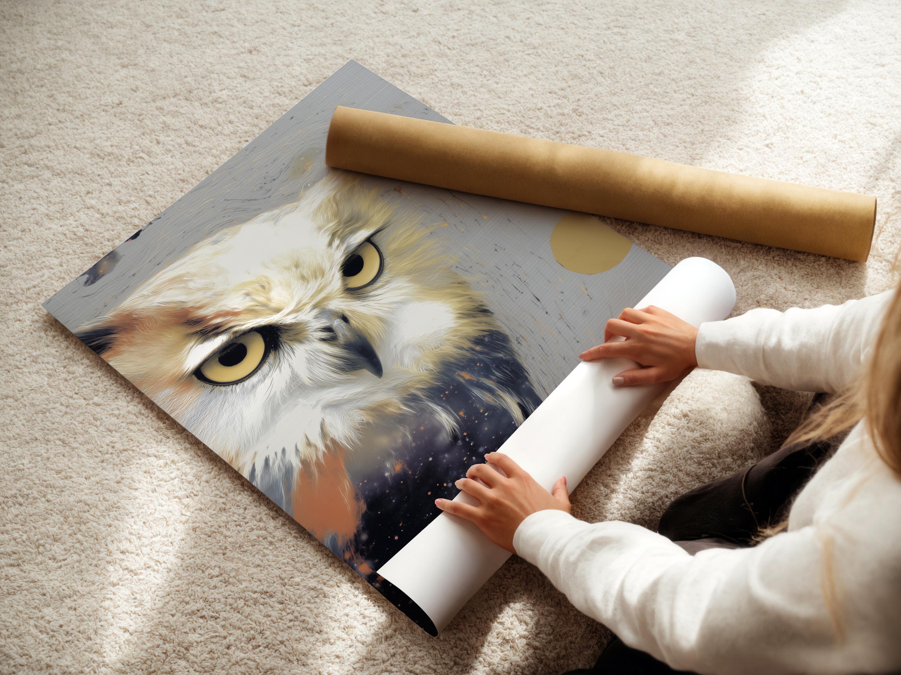 Stylised owl portrait with grey feathers, warm gold eyes, and speckled star-like background detail view