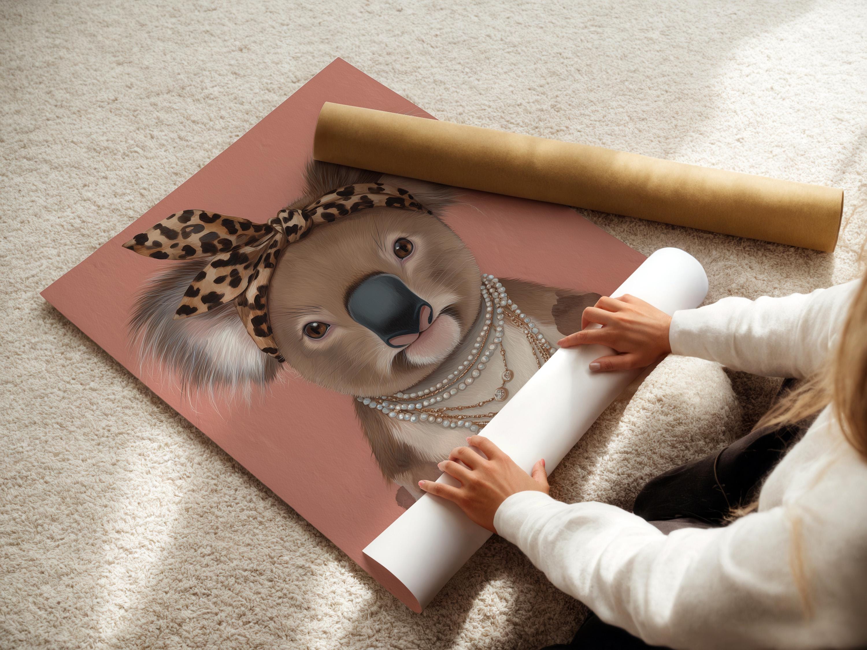 Koala portrait with leopard headband and pearl necklace on a dusty pink background detail view