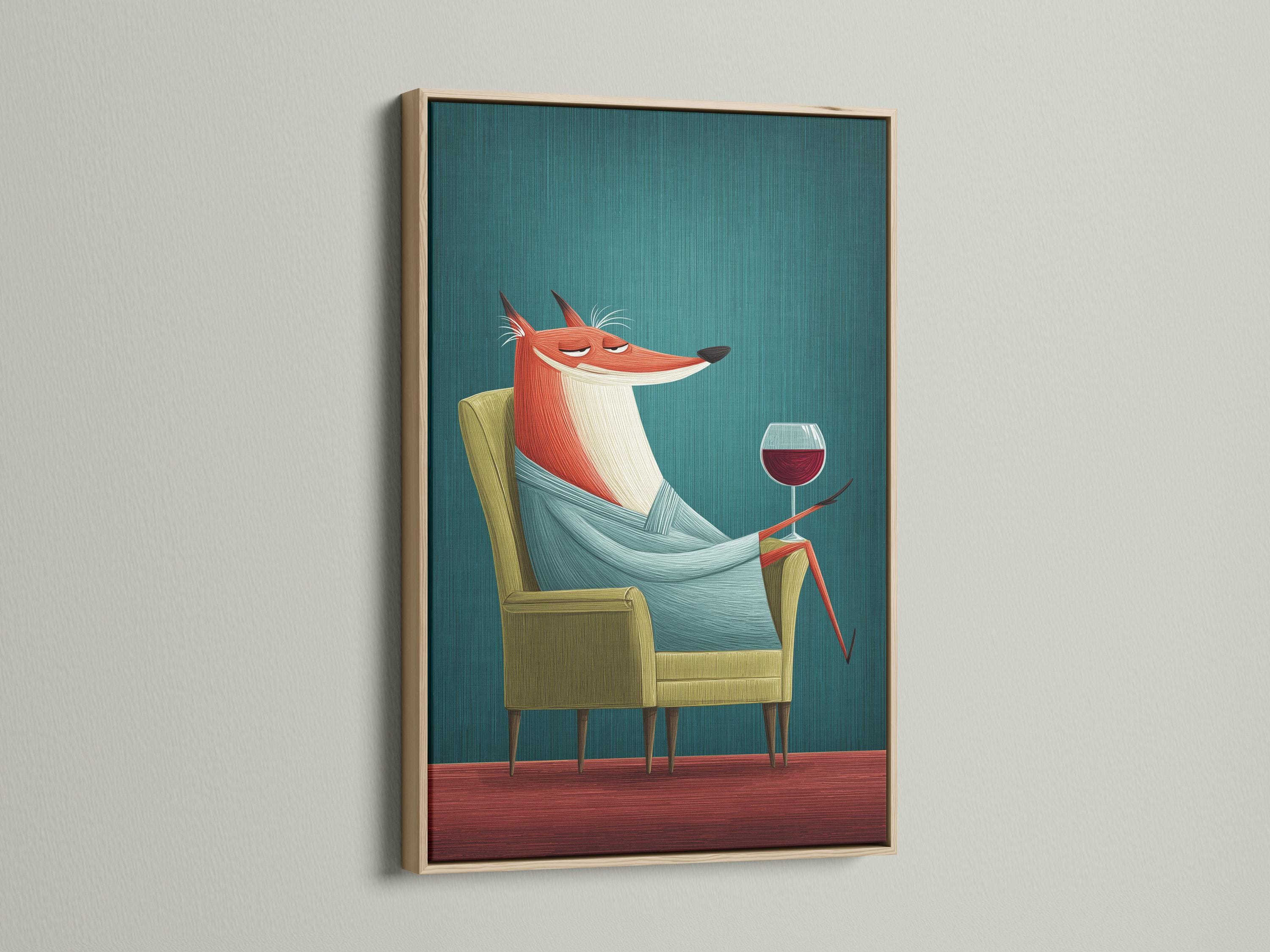 Fox wall art mockup showing a fox with a wine glass on a teal background