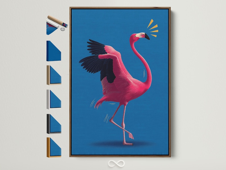 Stylised hot pink flamingo in profile on a vivid blue background with gold spark accents