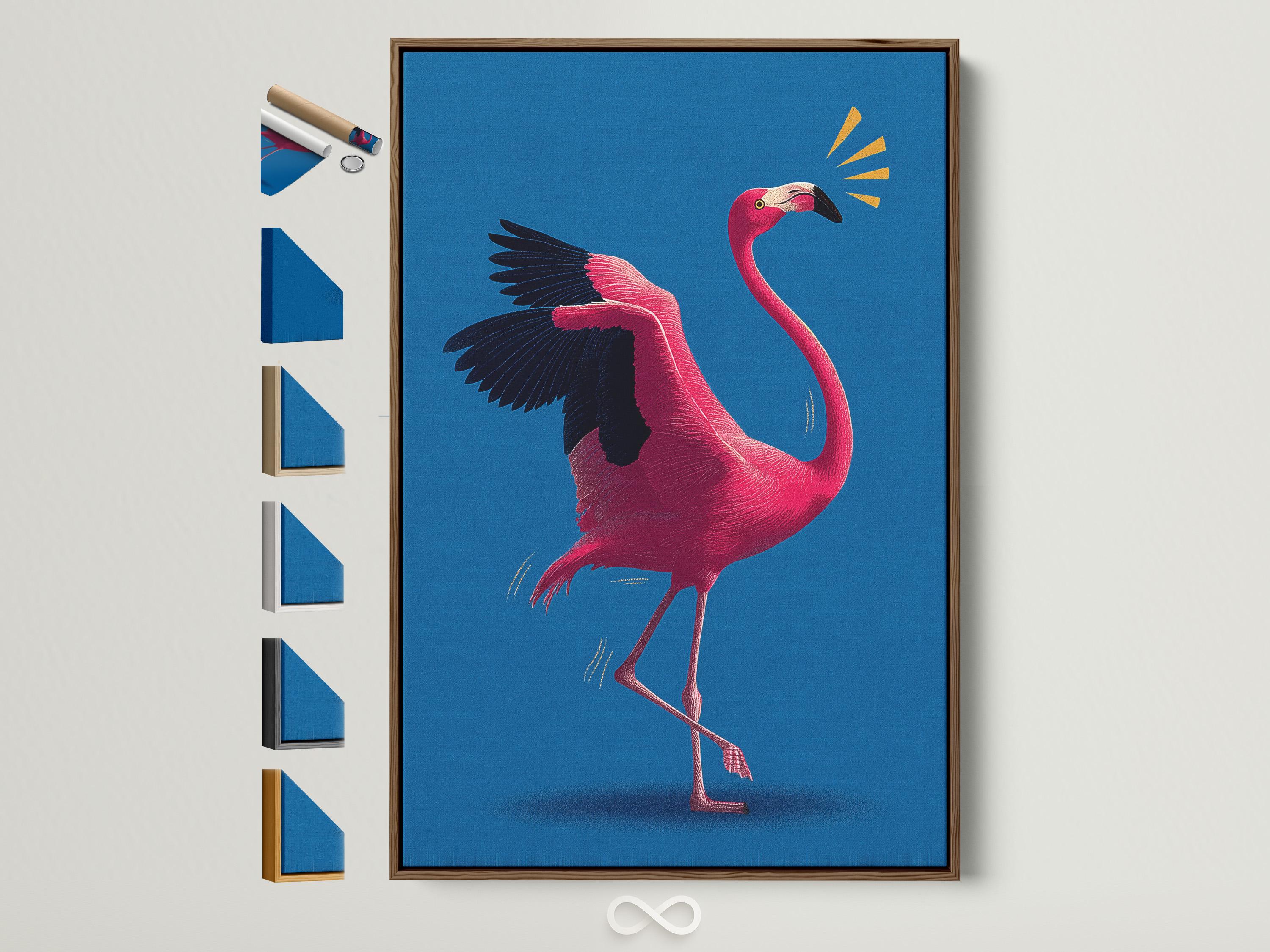 Stylised hot pink flamingo in profile on a vivid blue background with gold spark accents