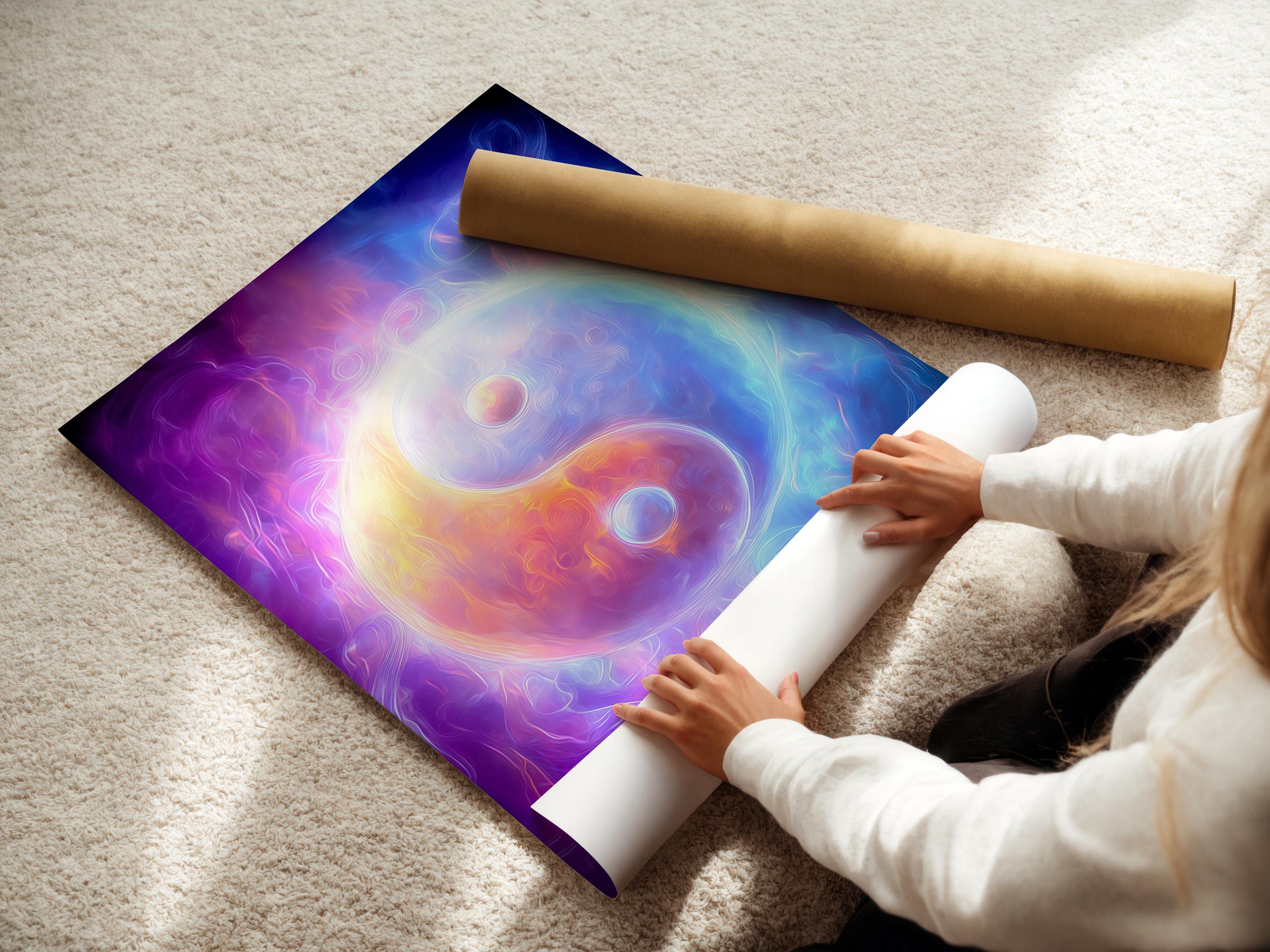 Portrait artwork of an abstract yin-yang inspired design in purple and blue shown in a room mockup