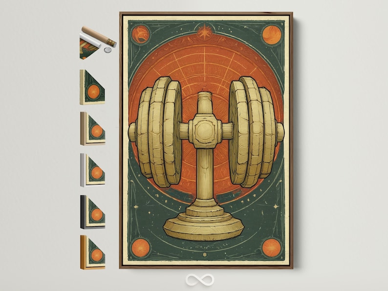 Central gold dumbbell in a red-orange circle on a dark green retro poster background