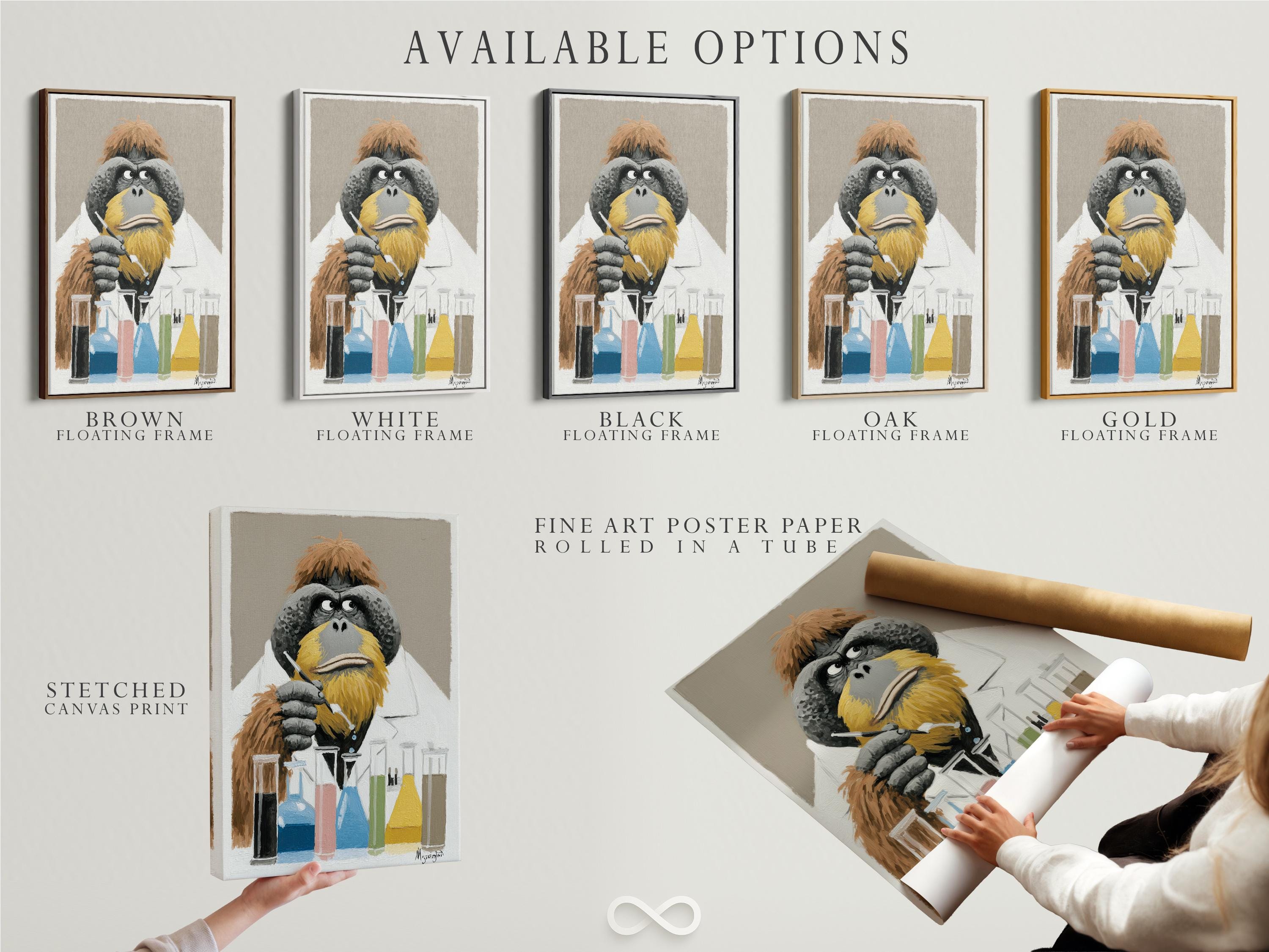 Painterly ape scientist in a white lab coat holding a marker-like tool with colourful lab bottles and beakers below detail view