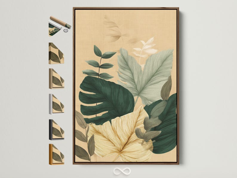 Botanical artwork with layered tropical leaves in green and teal on a warm beige background