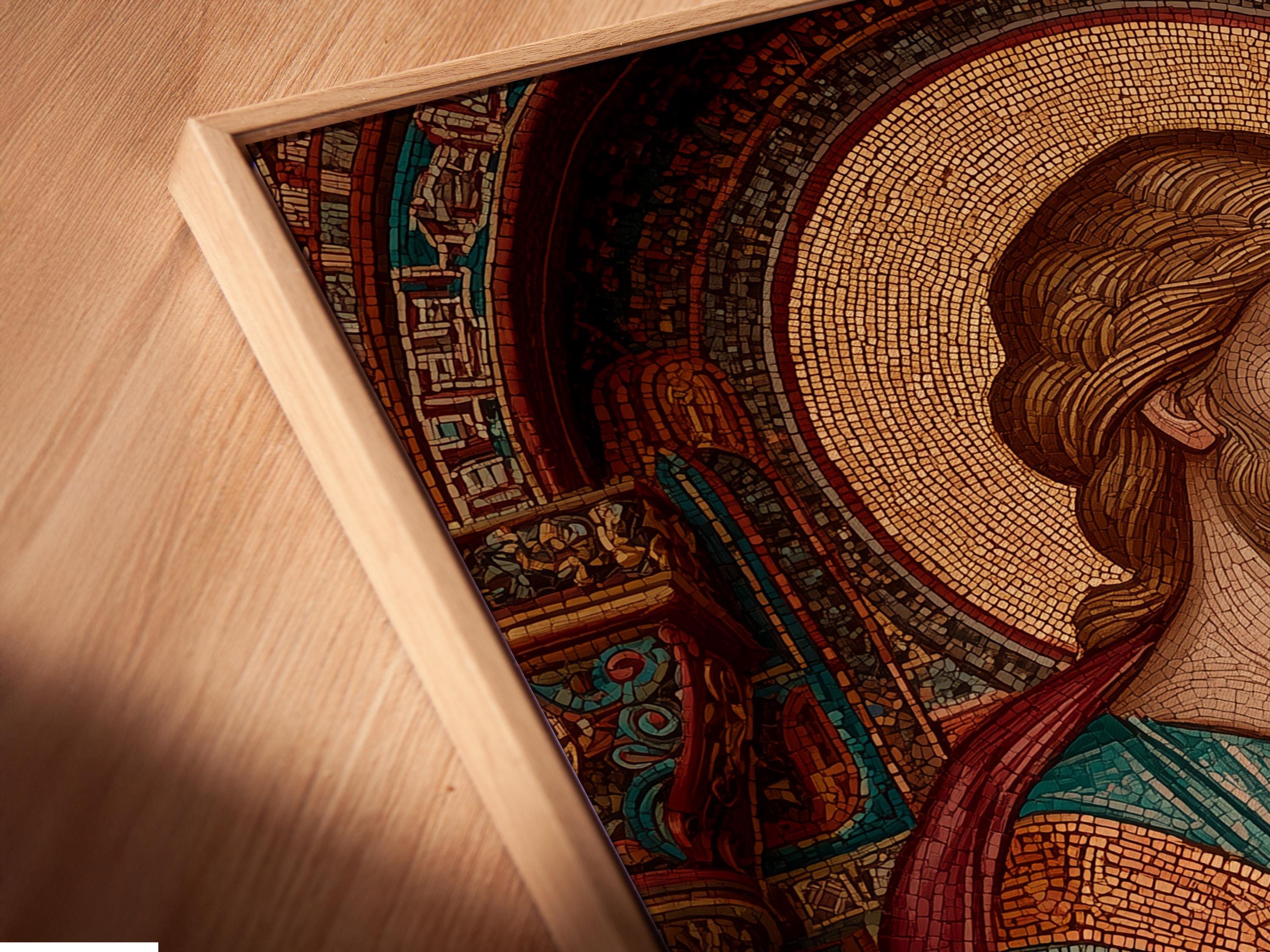 Mosaic-style saint portrait with gold halo, arched patterned background and red teal robes detail view