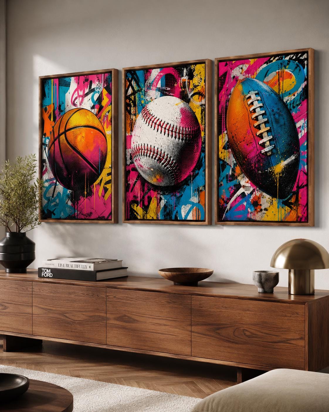 Three-panel pop art sports set showing a basketball, baseball and football with “POP ART SPORTS” text detail view