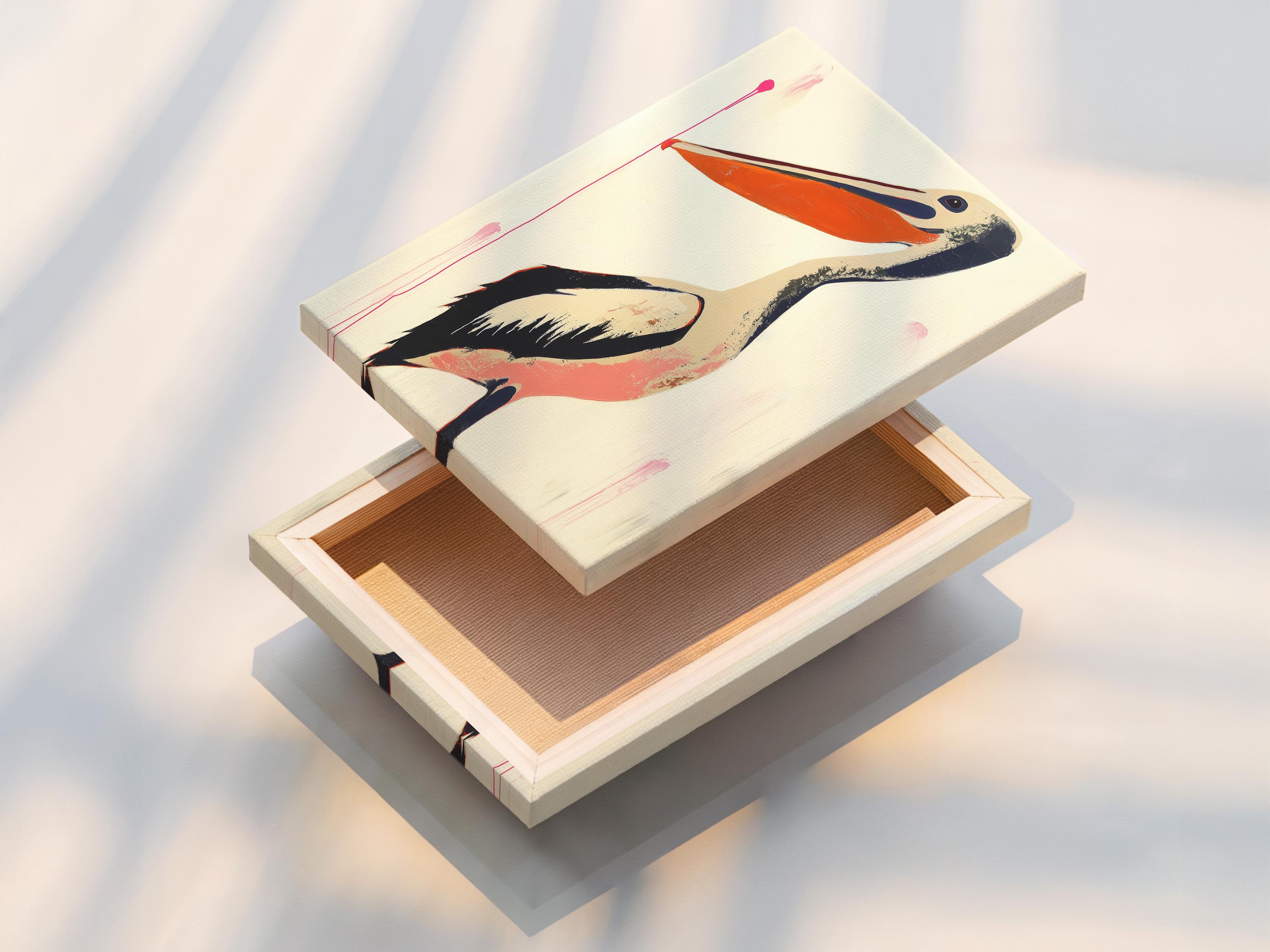 Stylised pelican with warm orange beak on a cream background and pink drips detail view