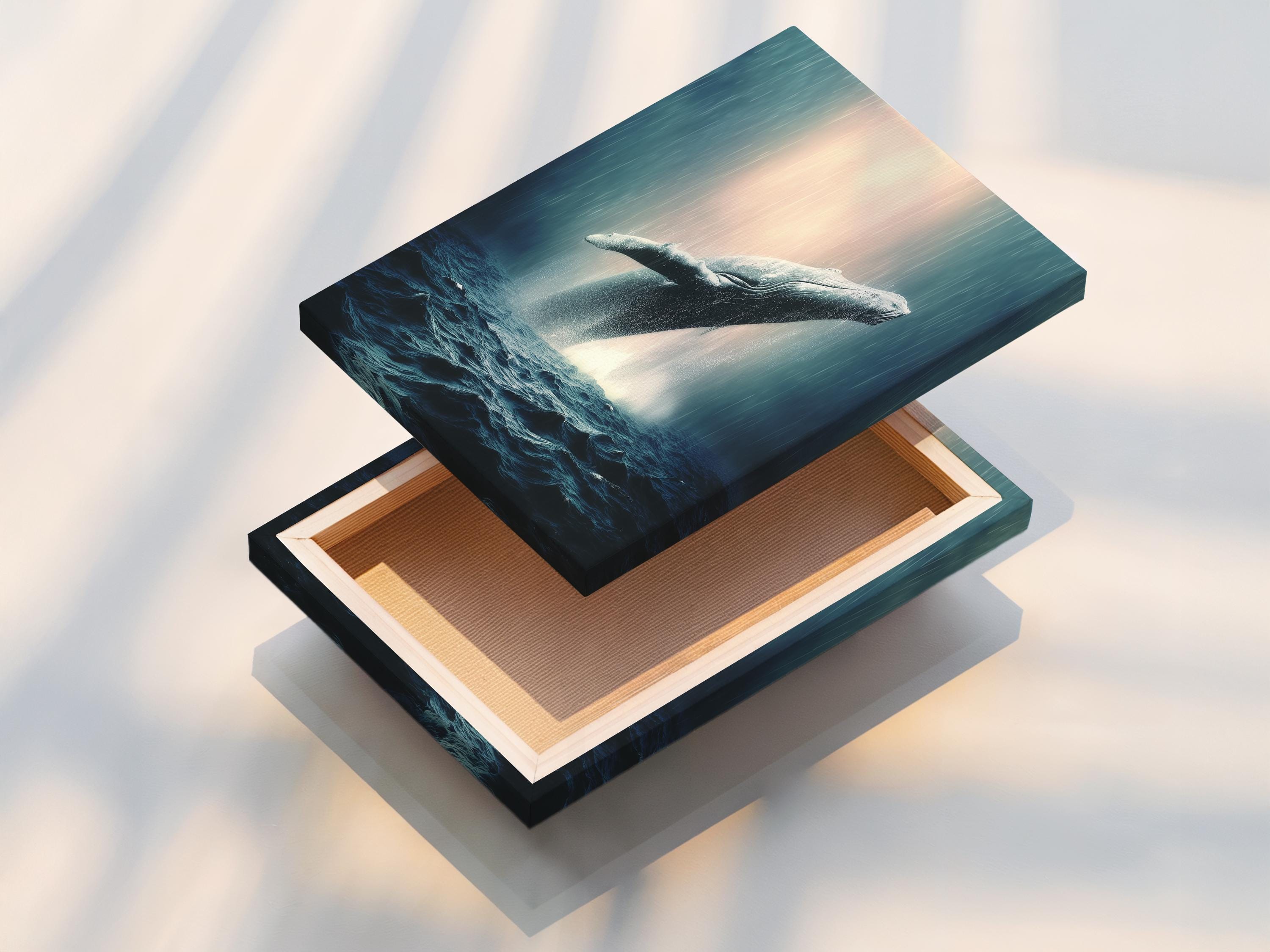 A breaching whale over choppy blue ocean waves with foamy spray and a misty pale sky detail view