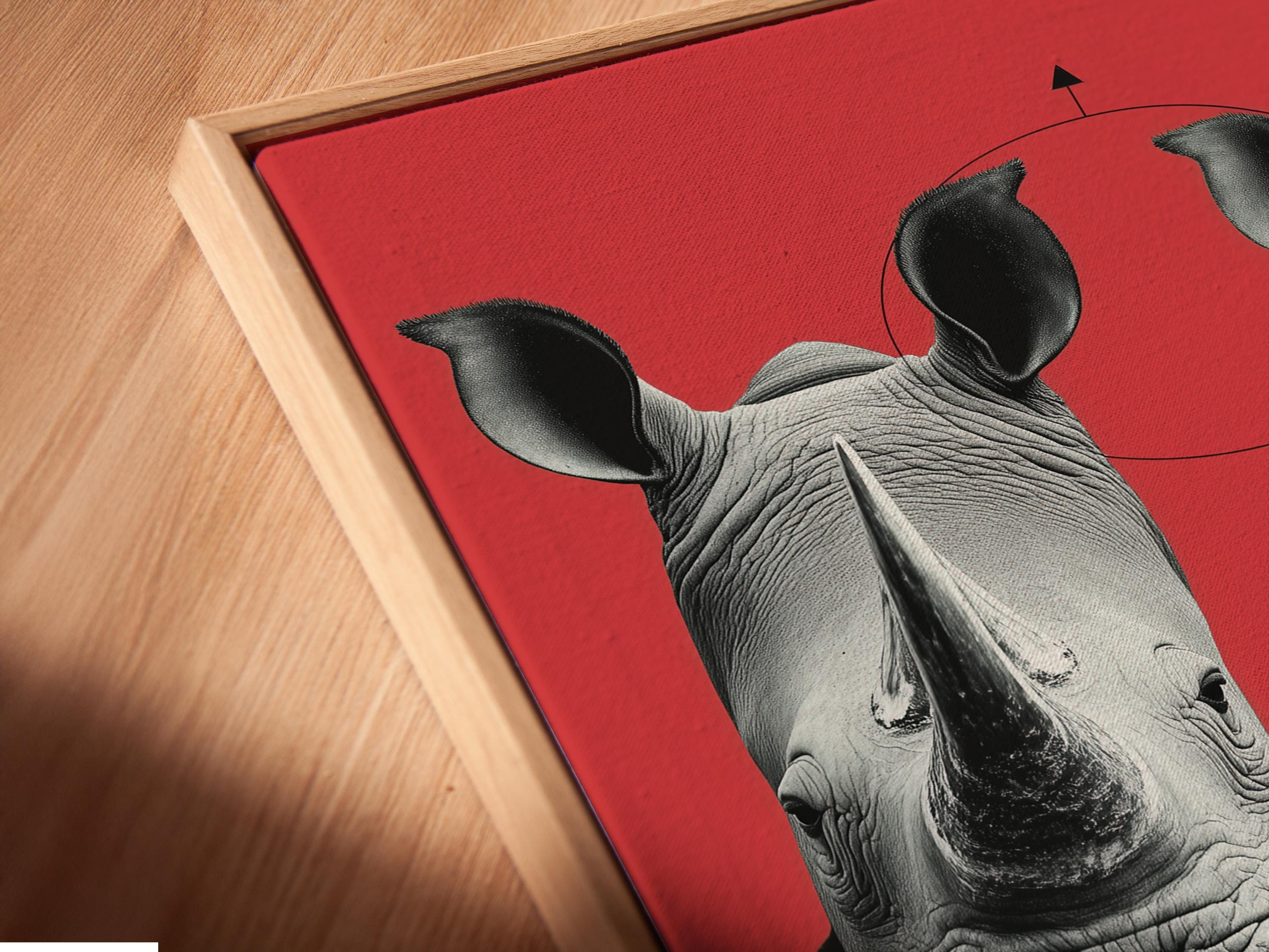 A stylised rhino duo in suits wears red sunglasses against a coral backdrop, with a red hourglass-like symbol and thin geometric lines below detail