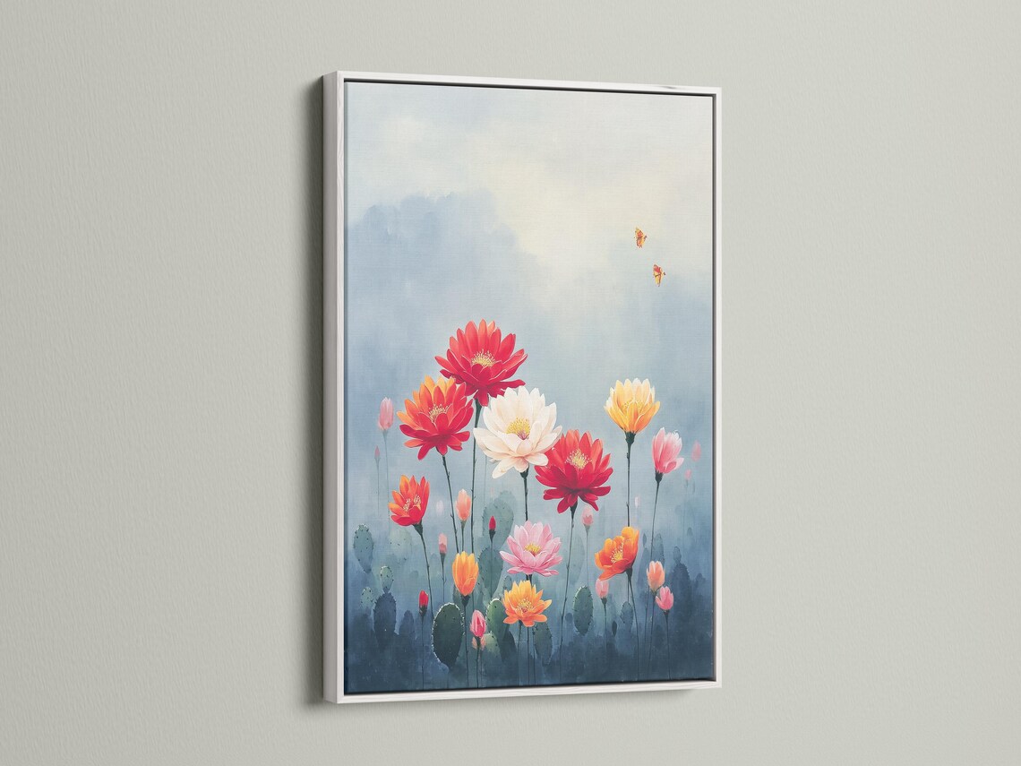 Framed desert flower bouquet artwork on a wall mockup with small butterfly details