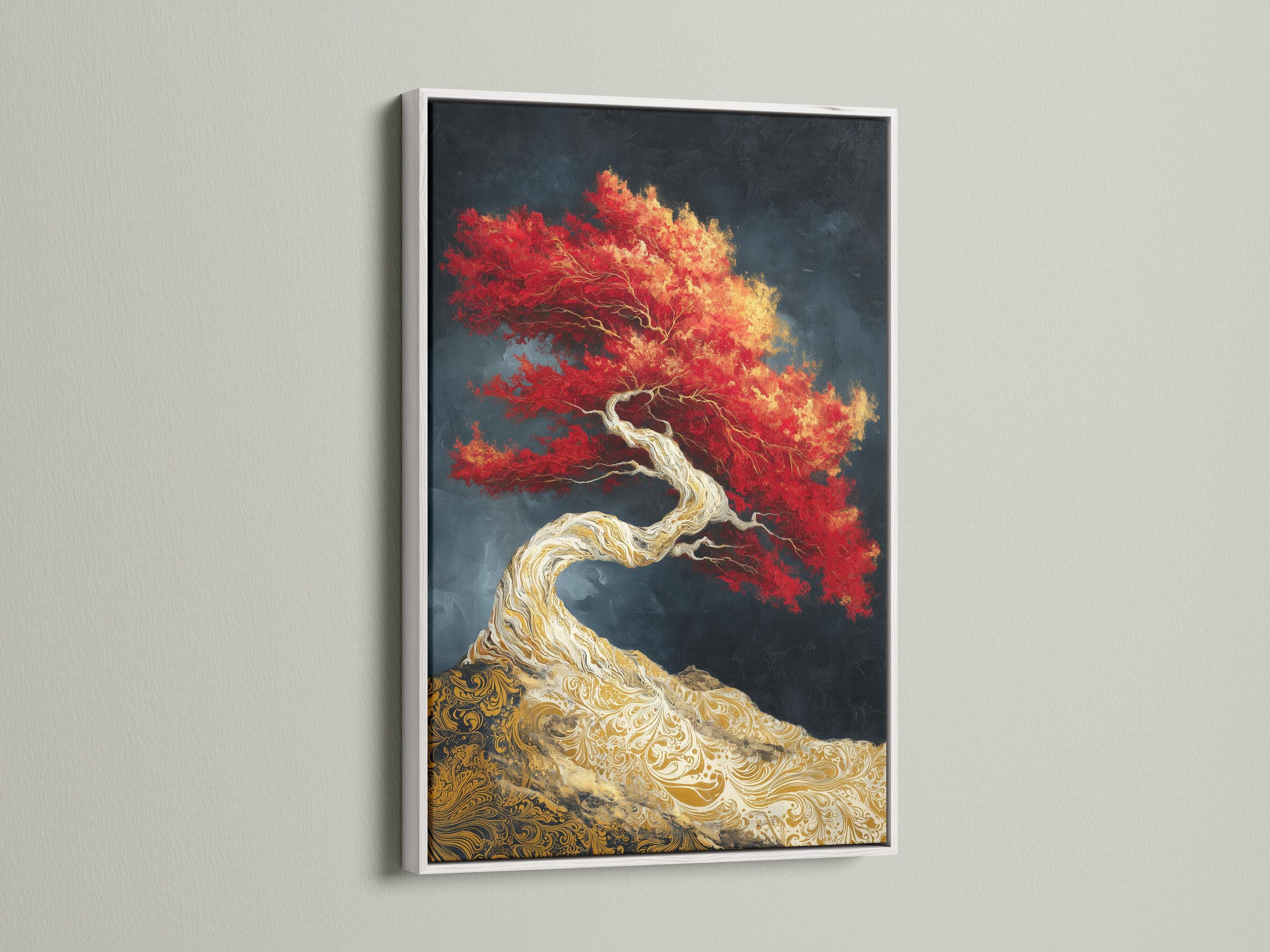 Stylised tree artwork with pale twisting trunk, red-and-gold canopy, and ornate gold base on navy background detail view