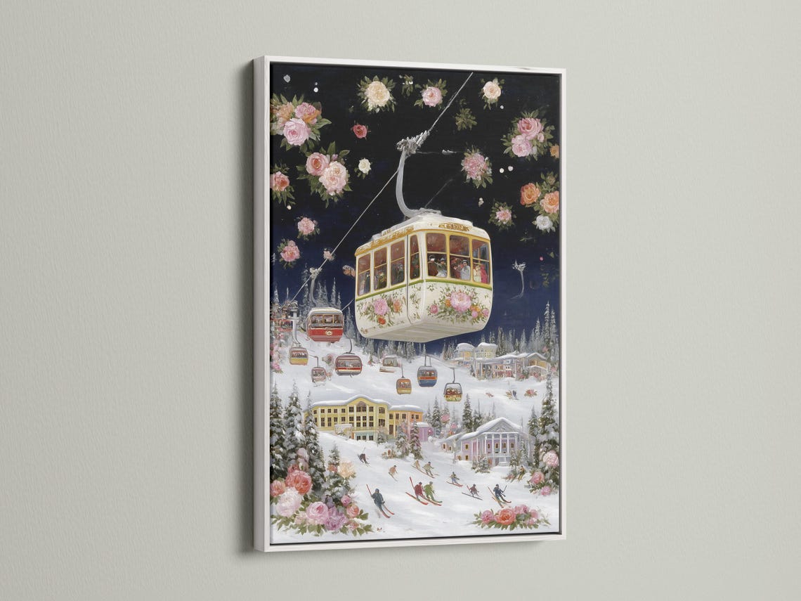 Vintage cable car over a snowy ski village with pink flowers in a winter landscape detail view