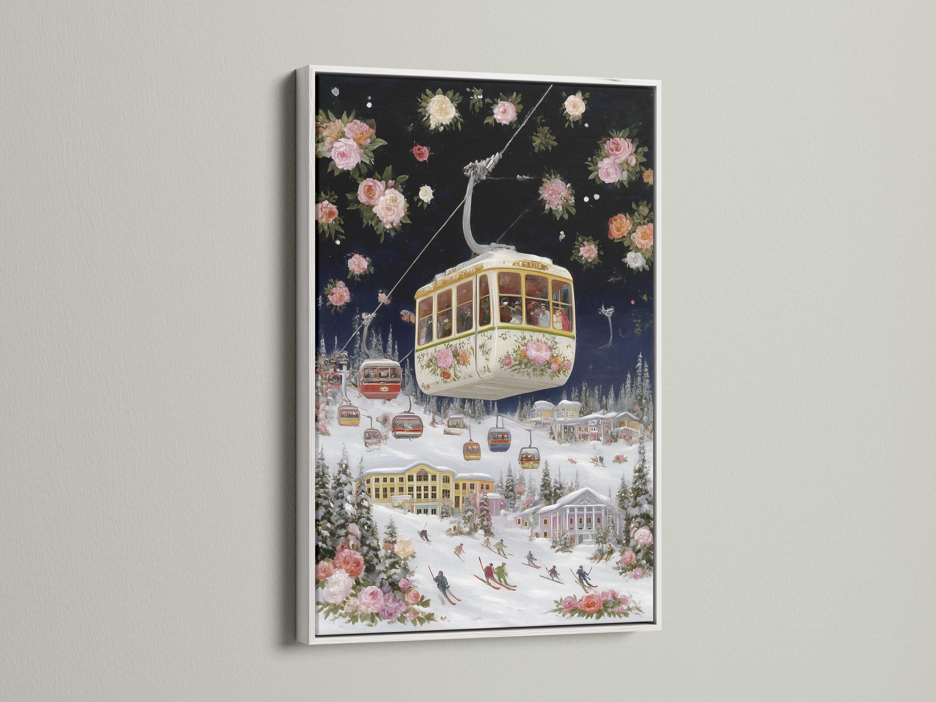 Vintage cable car over a snowy ski village with pink flowers in a winter landscape detail view