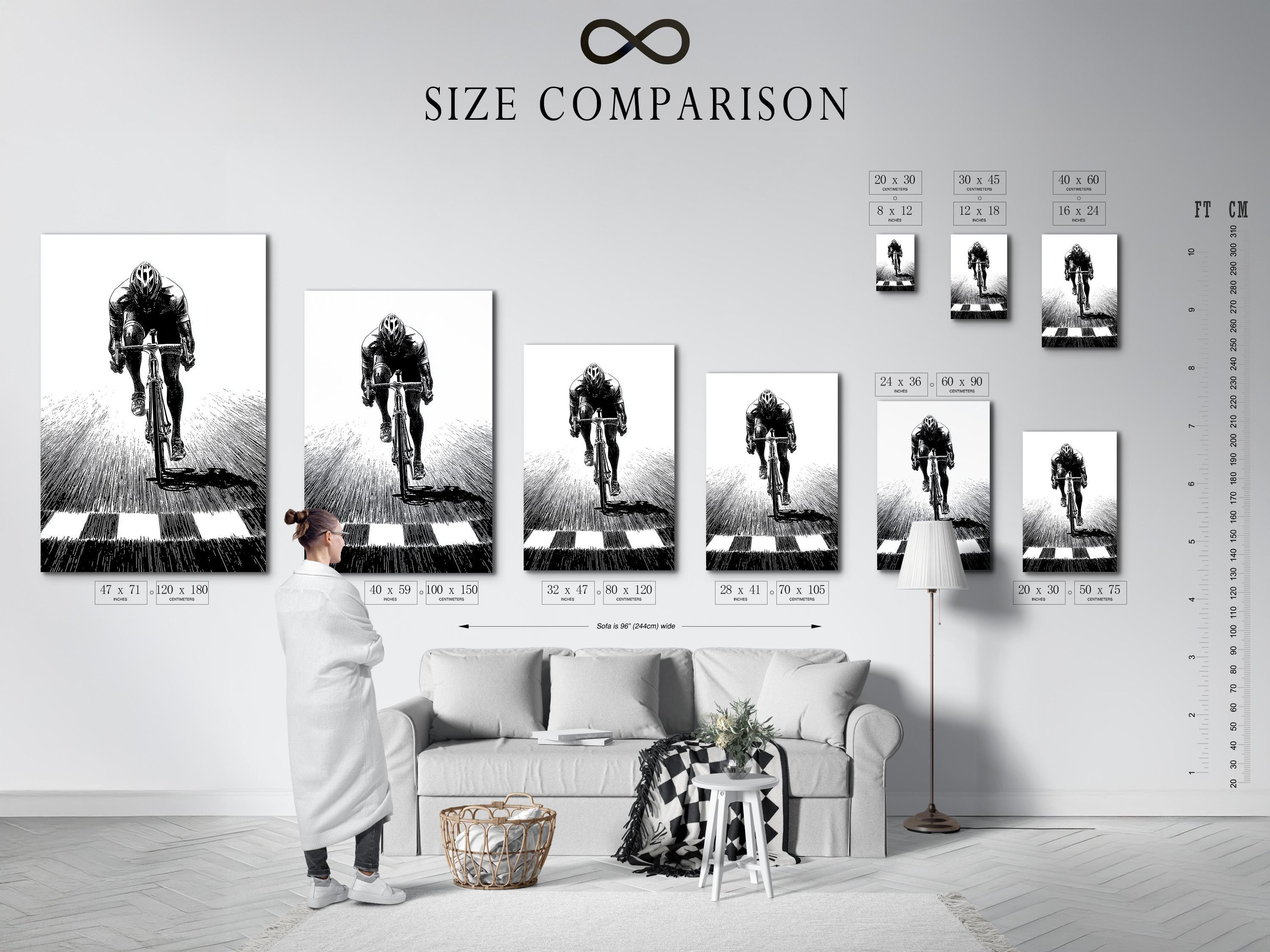 Room mockup showing a framed monochrome cyclist illustration on a light wall
