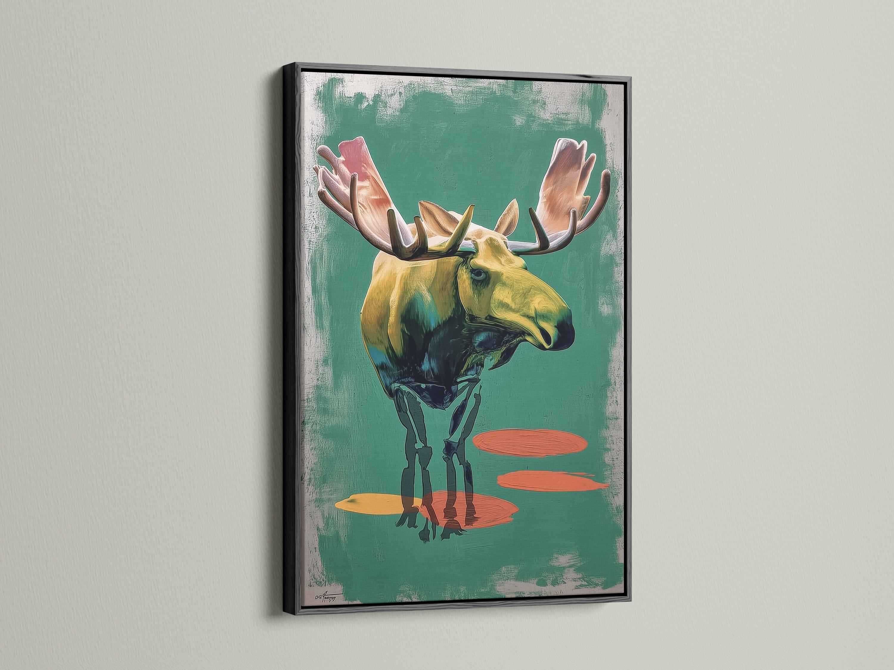 Stylised moose in side profile with large antlers on a textured teal-green background and warm orange shapes detail view