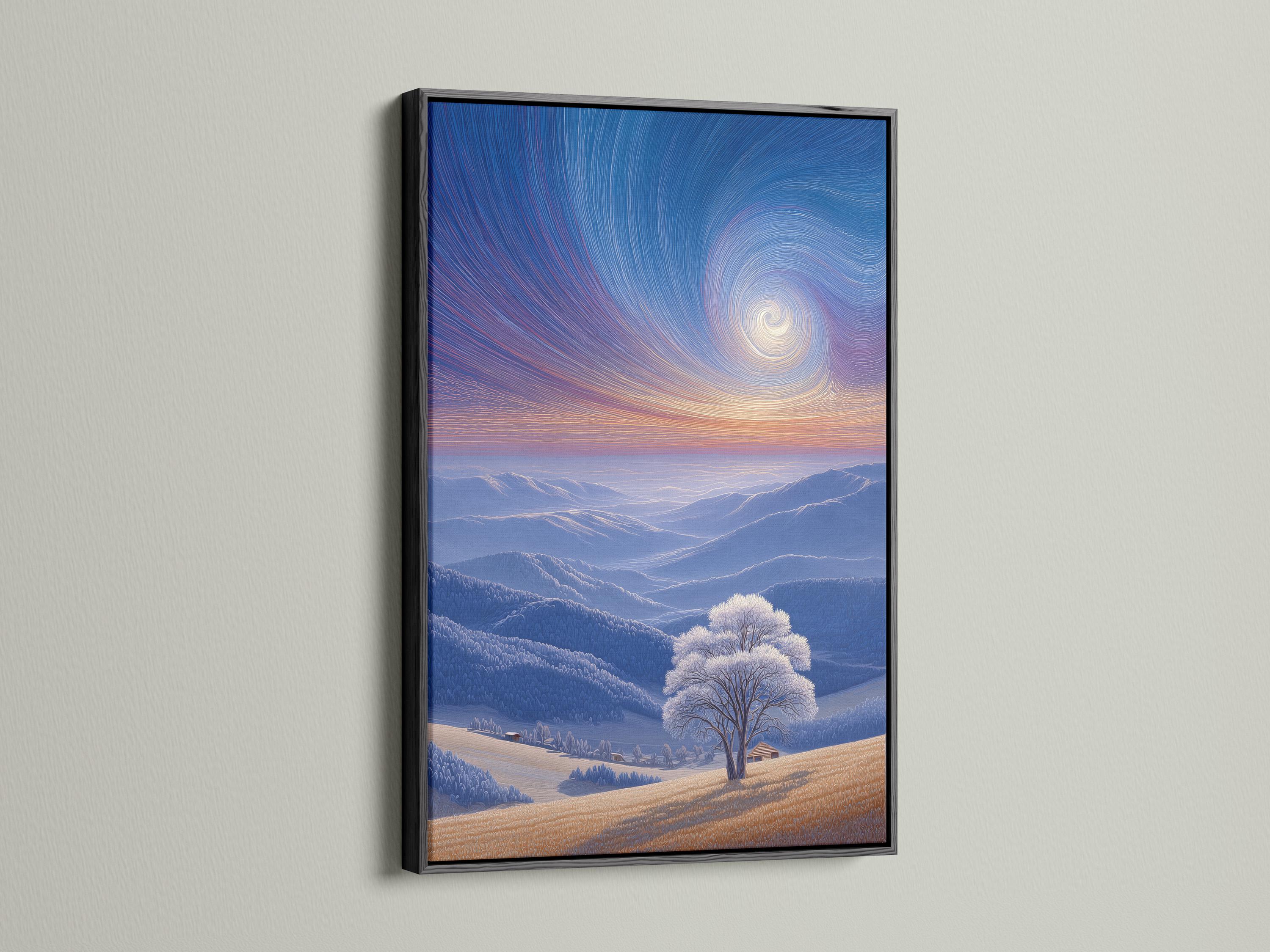Room mockup showing a framed winter sky mountain landscape artwork on a wall